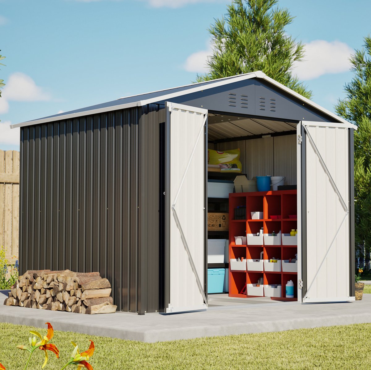 Tuinhuis Schuifdeur Afsluitbaar 240 X 180 X 191 Cm Metaal Zwart Met 4 Ventilaties Voor Tuingereedschap Motorfiets En Afvalcontainers