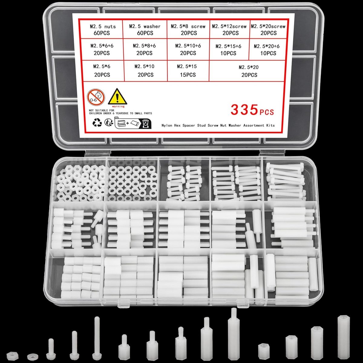 335-delige M2.5 Nylon Schroeven Set met Standoffs, Moeren en Phillips Schroeven voor PCB Circuitborden en Elektronische Toepassingen