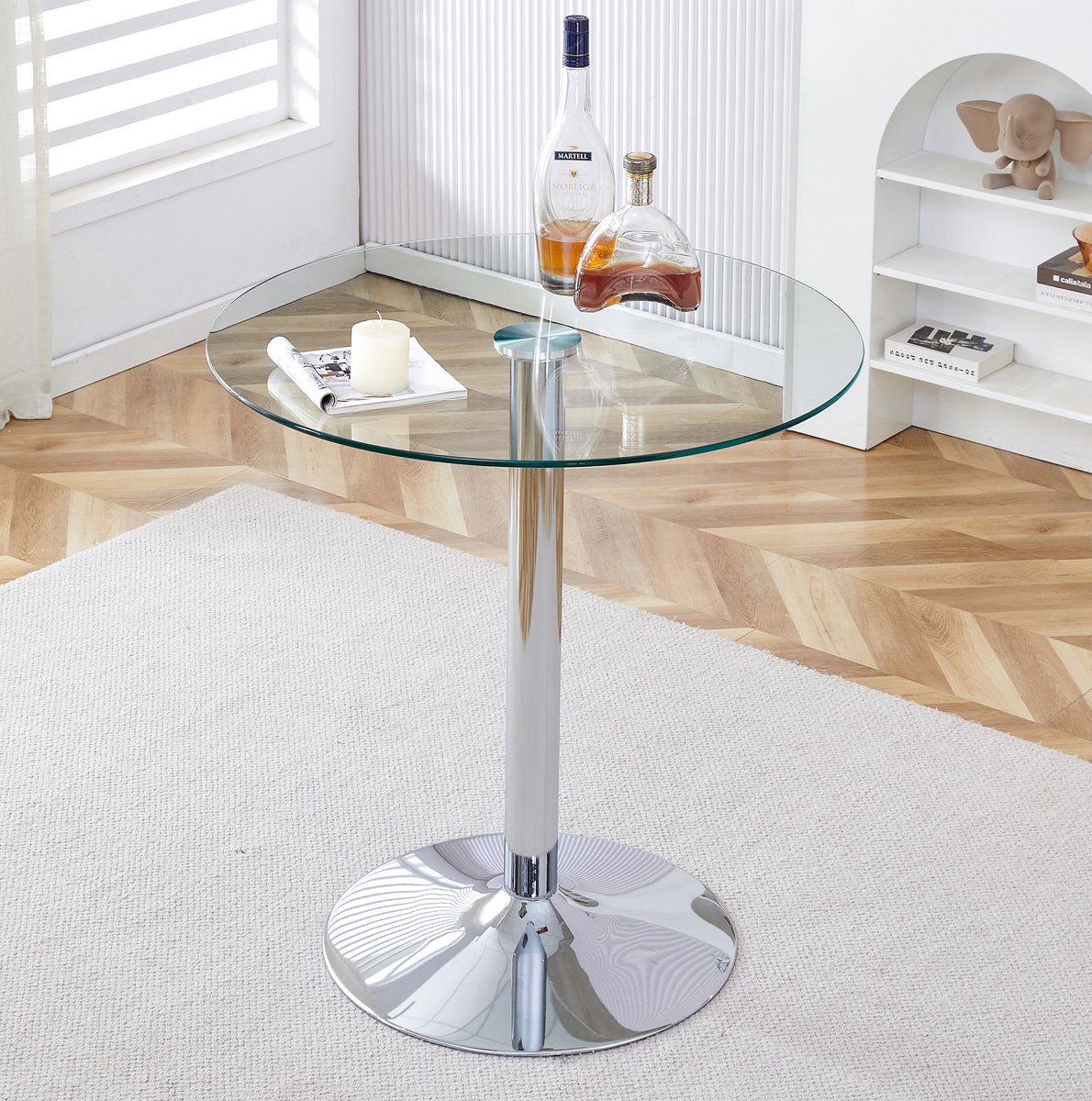 MEUNIQ ronde bartafel van glas en metaal, 89 cm diameter en 92 cm hoogte, modern minimalistisch design voor keuken, home bar of café, zilver en transparant