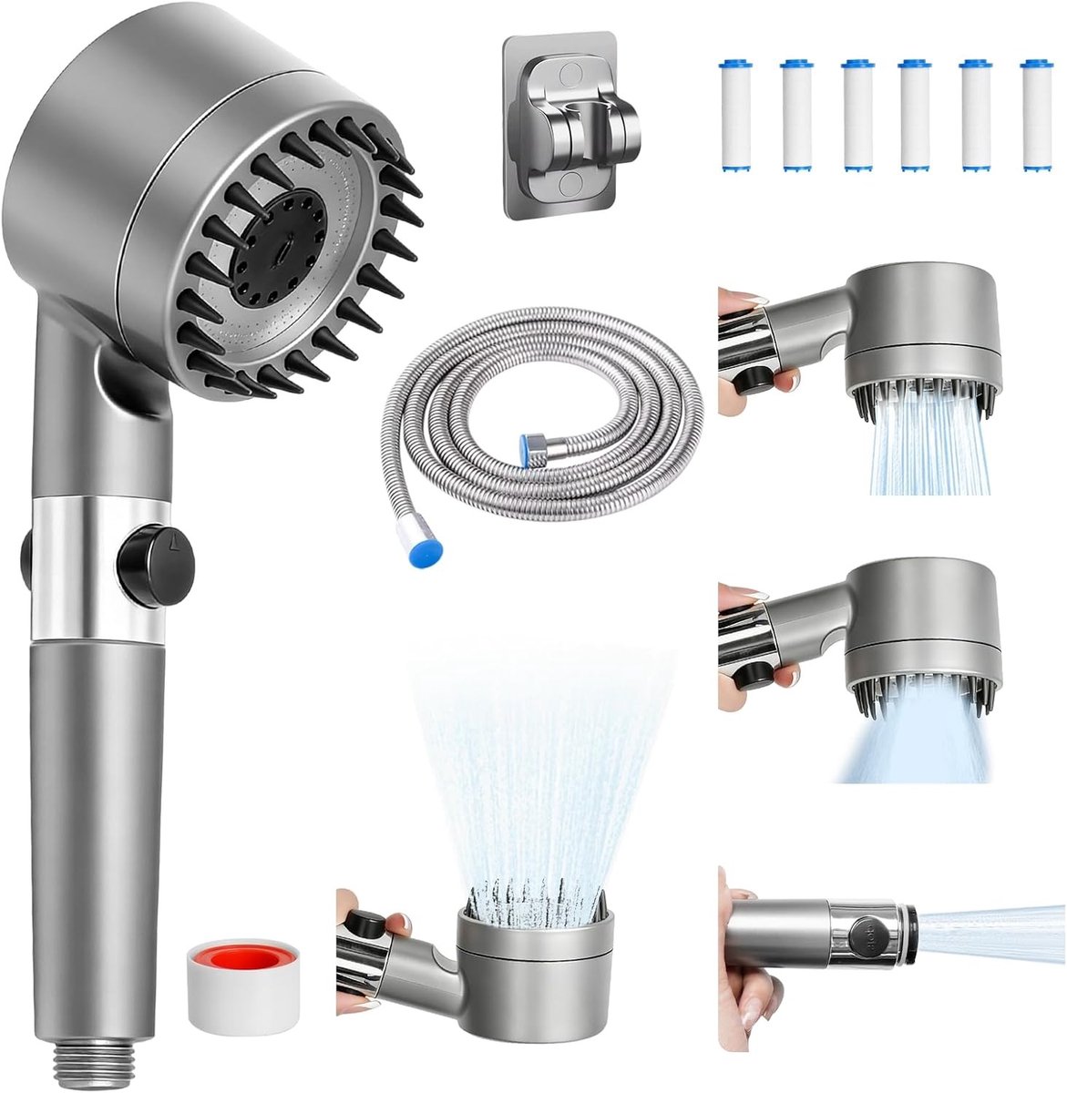 Hoge Druk Handdouche met 6 Filters, Waterbesparend en Geschikt voor Hard Water, 2 m Slang en 4 Jet Types voor Optimale Hygiëne en Gezondheid