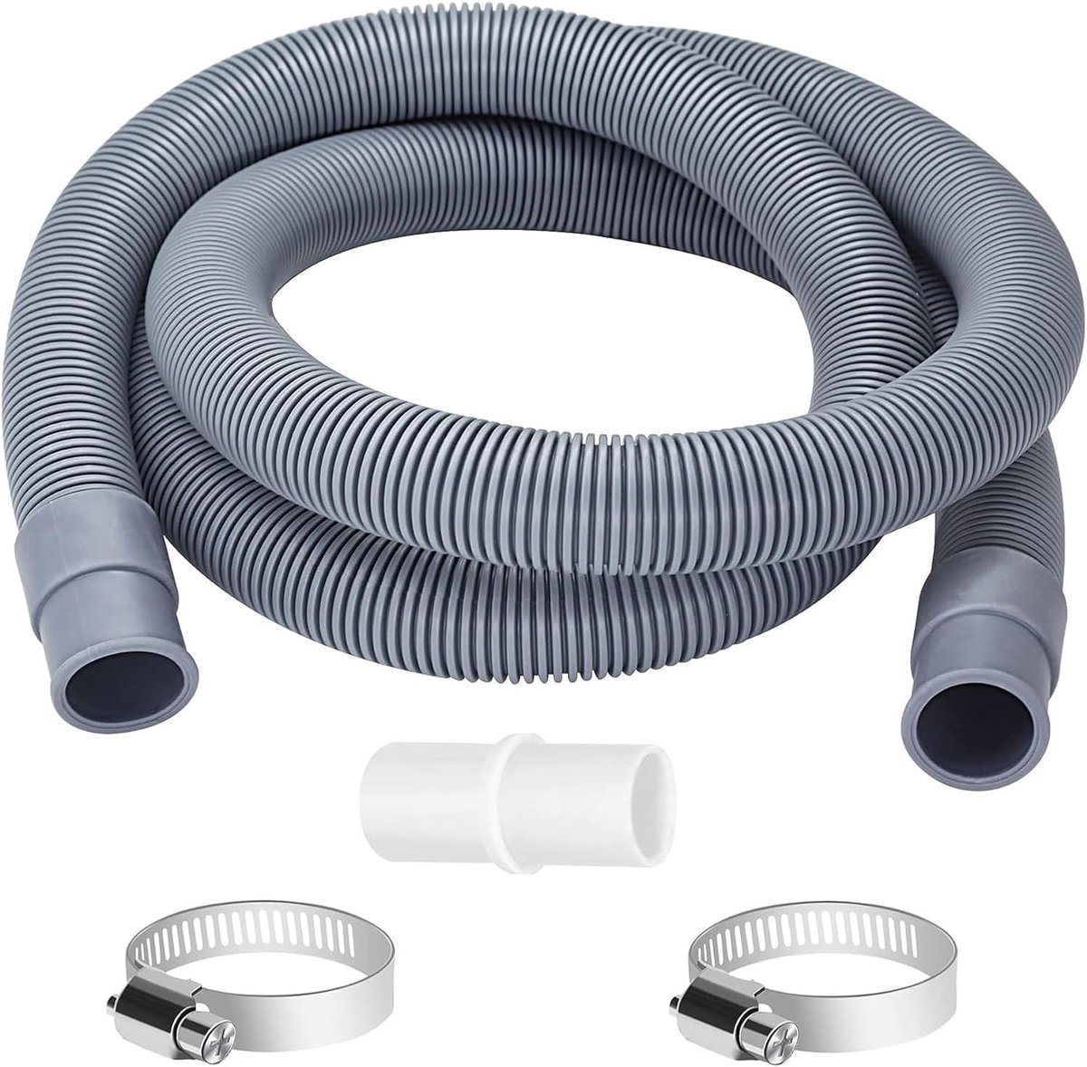 Afvoerslang voor wasmachine en vaatwasser, diameter 20 mm, verlengsnoer met slangverbinding en klemmen, 1,5 m, grijs, polypropyleen, waterafvoer, duurzame kwaliteit, eenvoudig te installeren