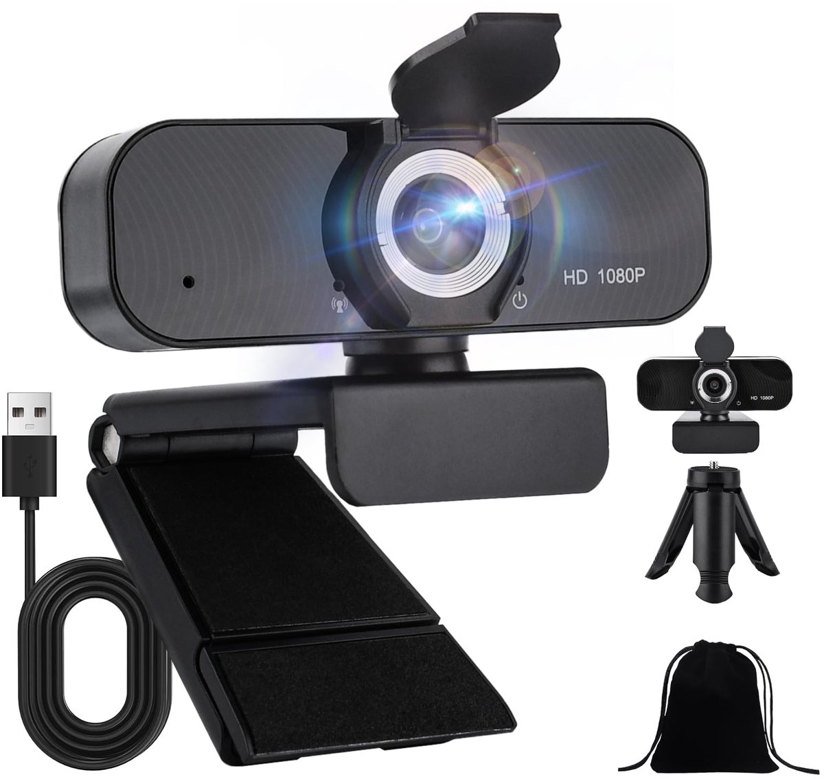 SnelShoppen - USB Webcam voor PC met Microfoon, 1080p HD Webcam voor Streaming, Videoconferenties via Zoom, Teams, Twitch - Plug & Play Laptopwebcam,