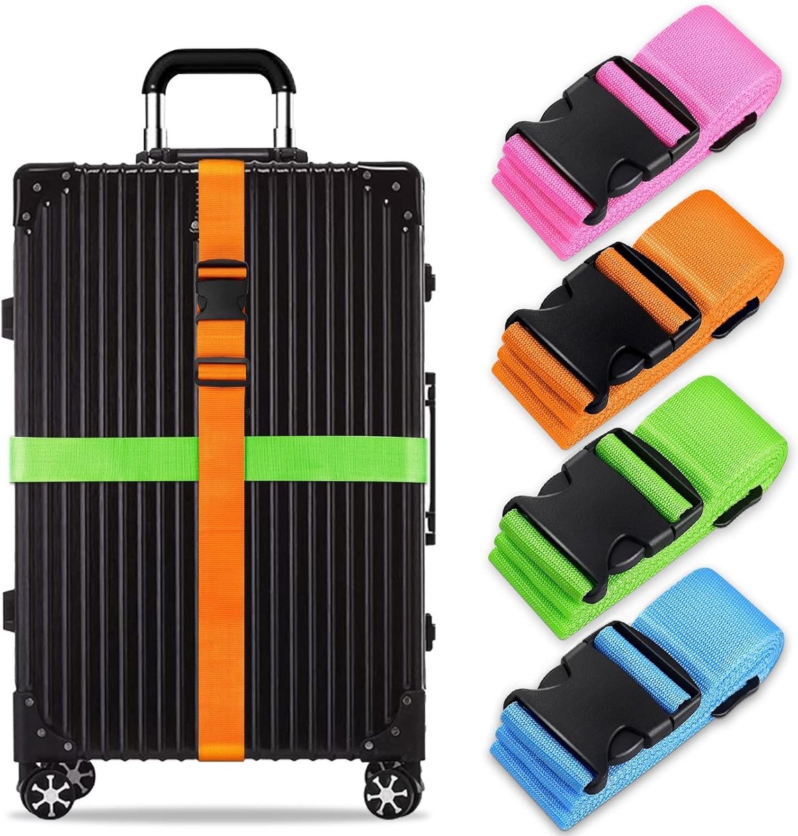 Verstelbare en Antislip Kofferband Set met Gepersonaliseerde Identificatie - Reisaccessoires in Roze, Blauw, Oranje en Groen (4 Stuks)