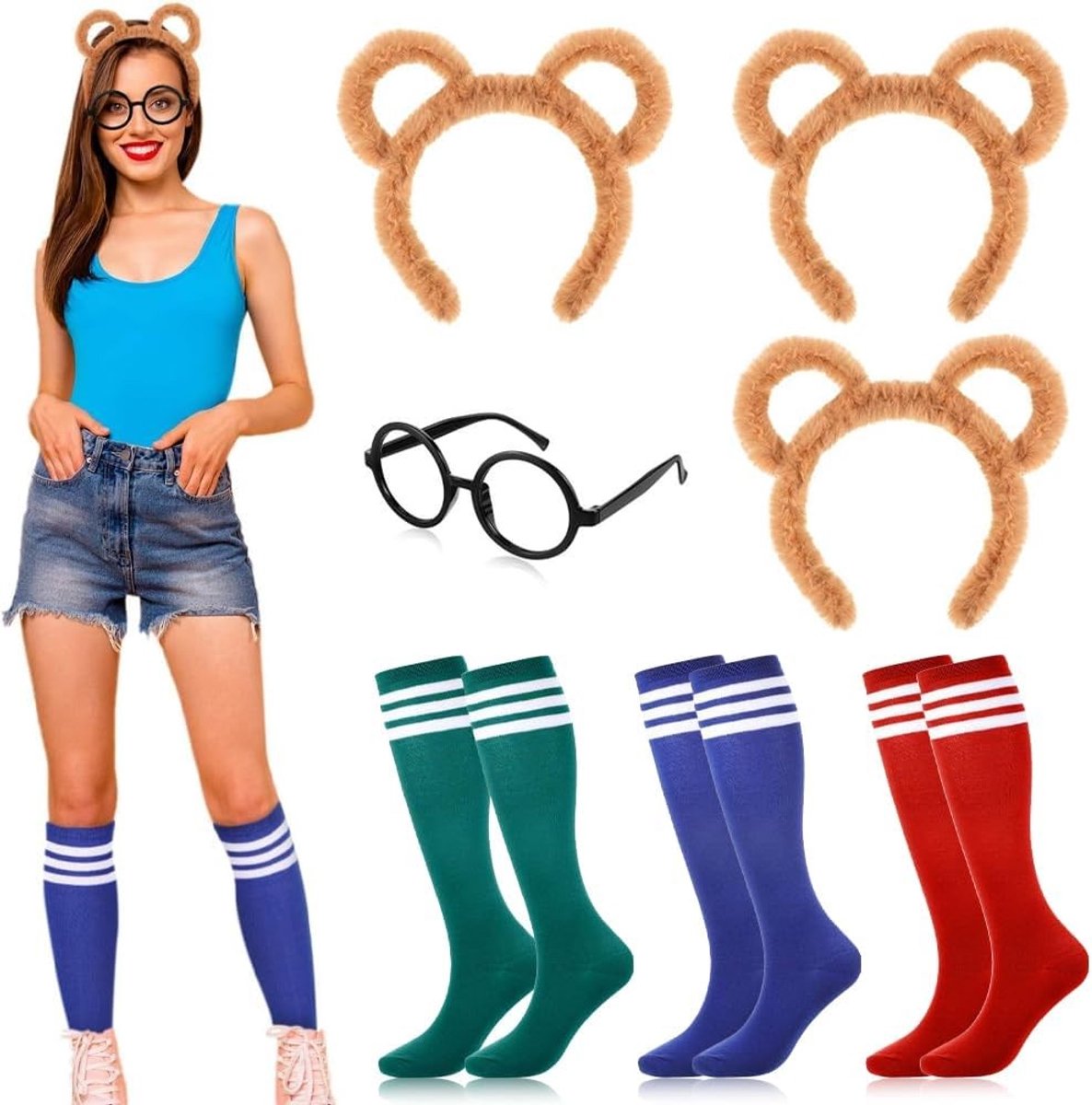 Gestreepte eekhoorn kostuums voor volwassenen en tieners met sokken, oren, hoofdband en brillen - Multicolor, One Size, Perfect voor Halloween en themafeesten