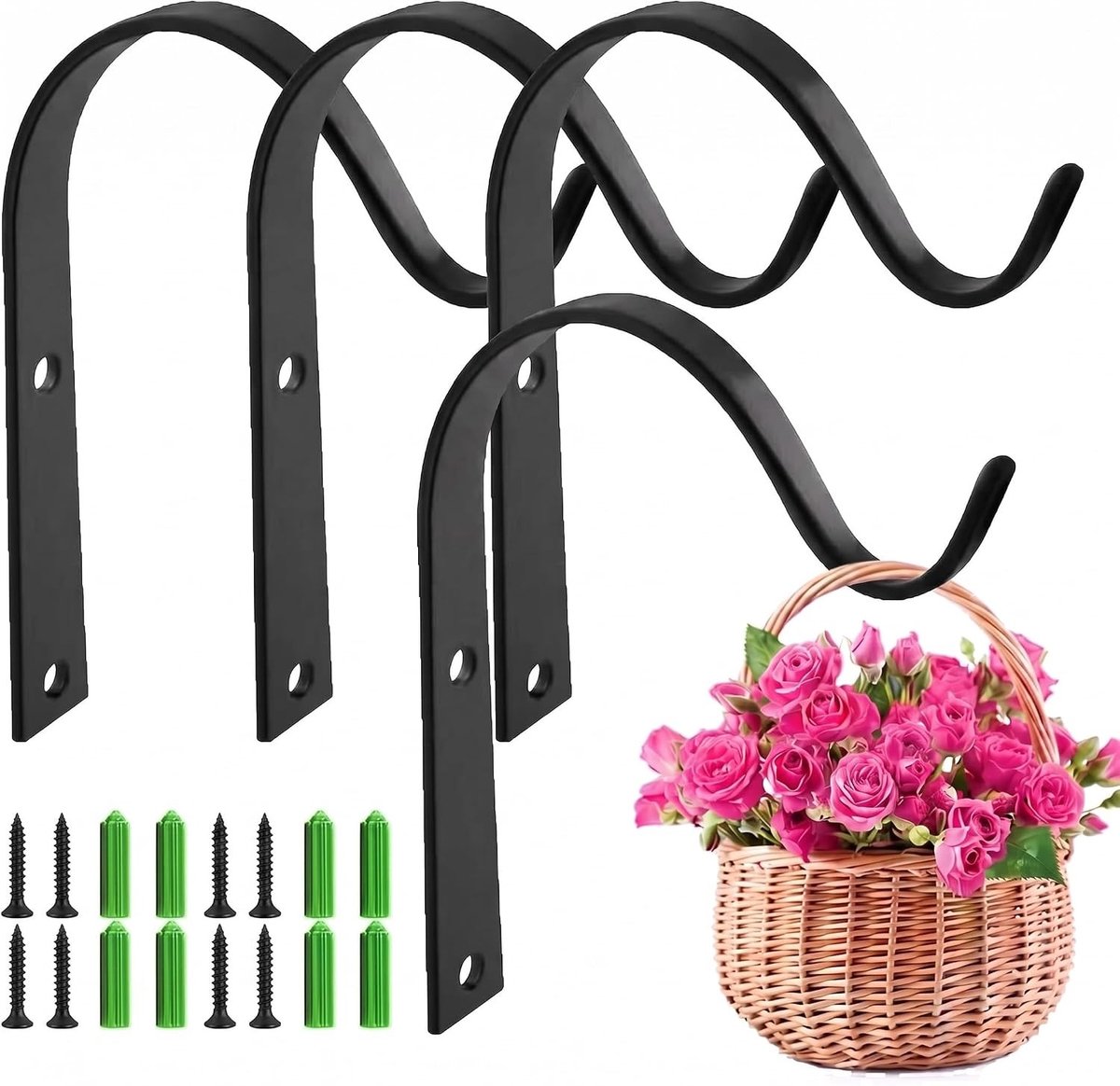 Plantenhouders set van 4, ijzeren wandhaken voor binnen en buiten, ideaal voor hangmanden en bloemenmanden, zwart