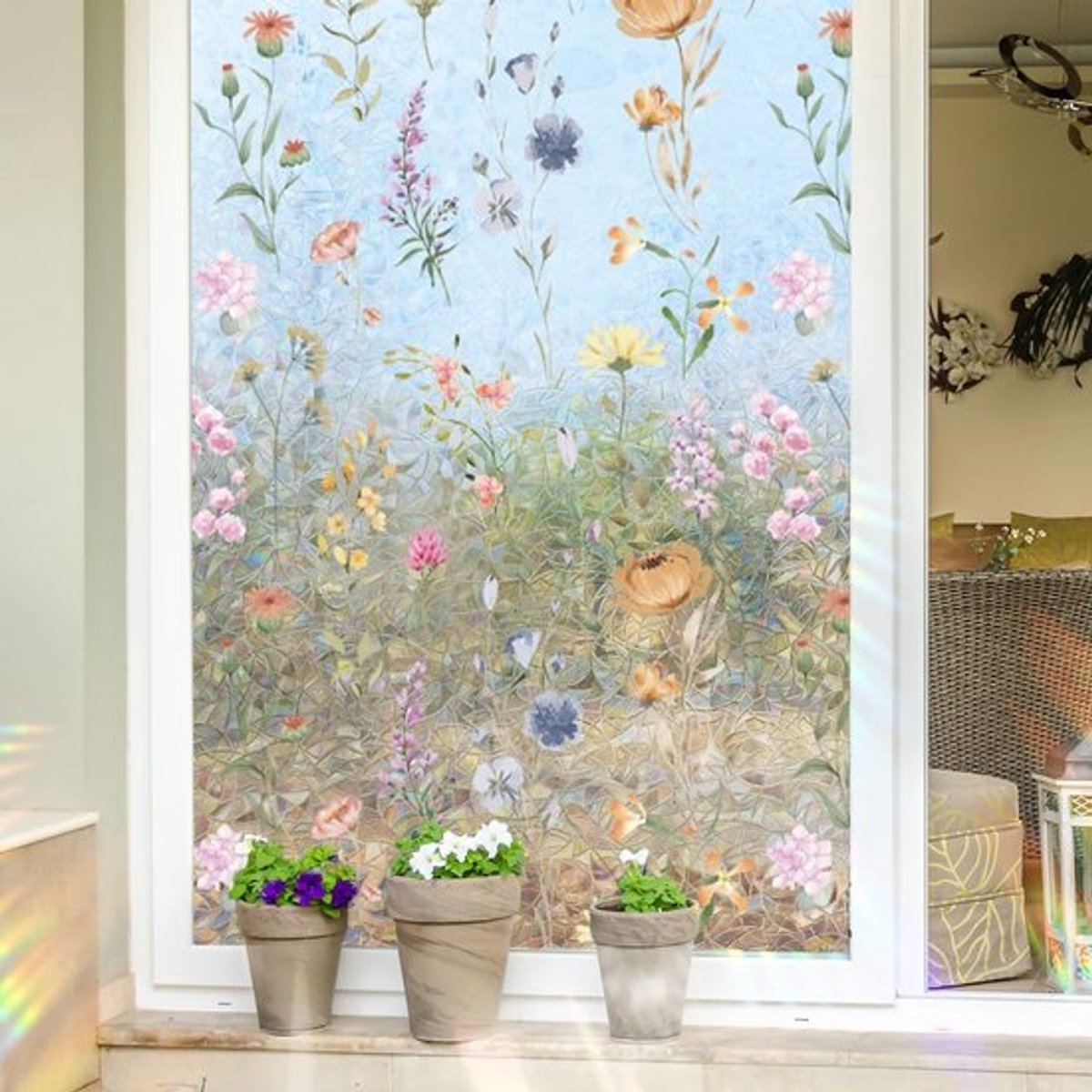 Raamfolie Privacyfolie - Glas in Lood - Bloemen - Statisch - Decoratieve Vinyl - 98% Privacybescherming - 40 x 101,6 cm - Raamdecoratie