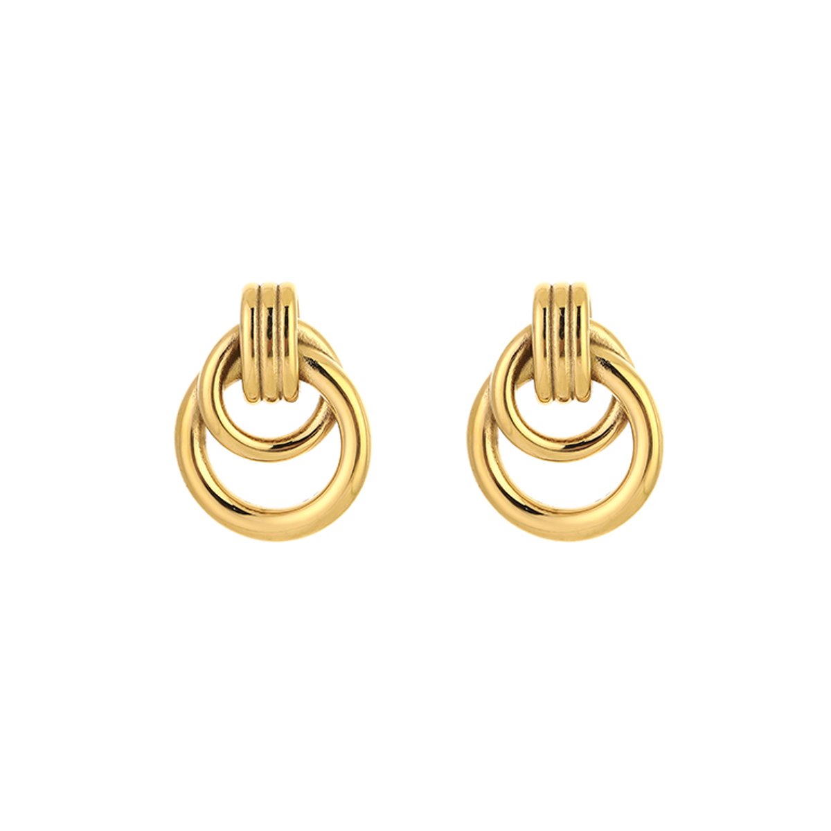 Stainless Steel Linked Double Ring Drop Earrings – Luxe Cirkel Hanger Oorbellen – RVS - Goud