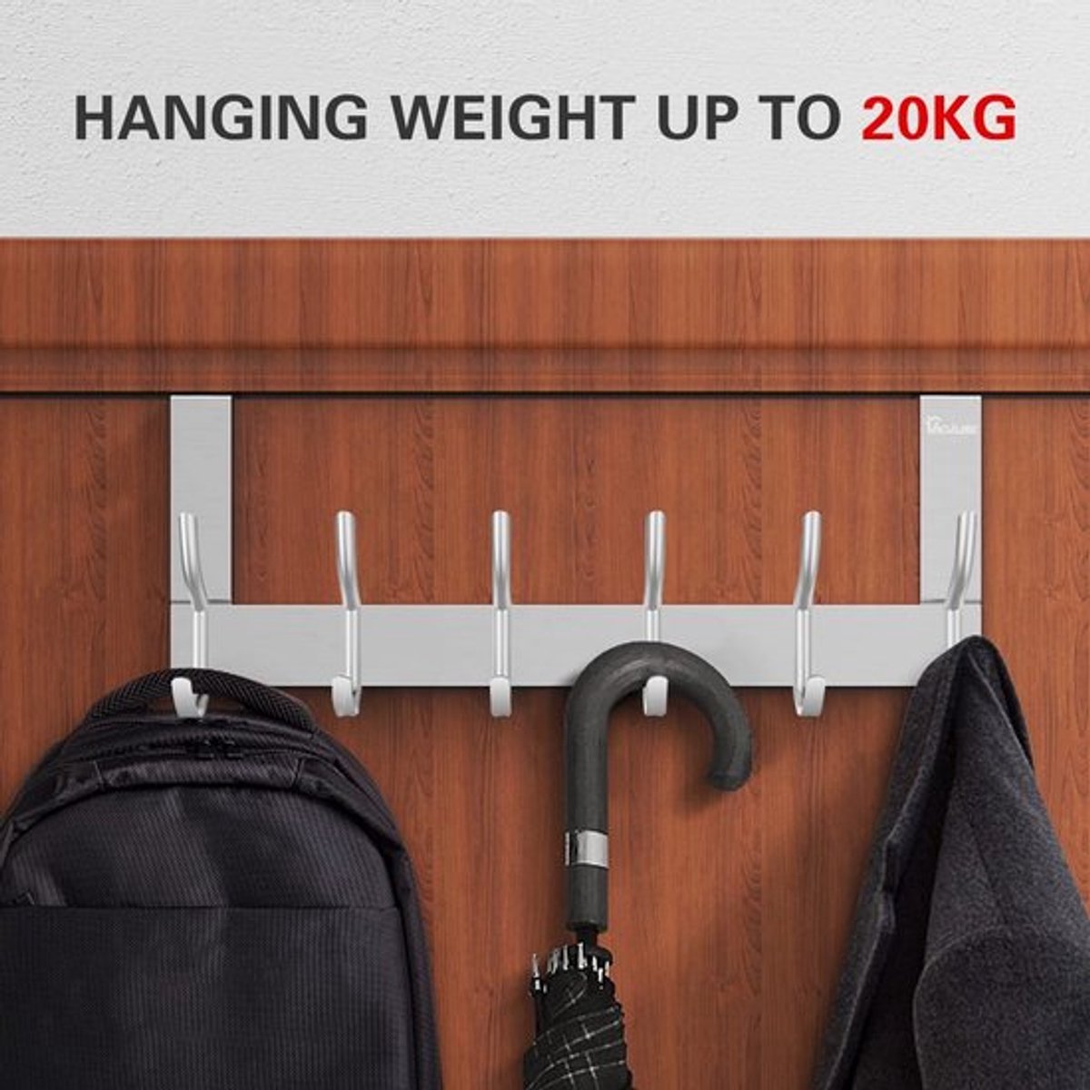 Deurophanghaak 6 Haken - Geschikt voor Deuren met Opstand - Zilver Aluminium - Maximale Draagcapaciteit 20kg - Schokbestendig - Eenvoudig te Reinigen - Deurkledinghaak