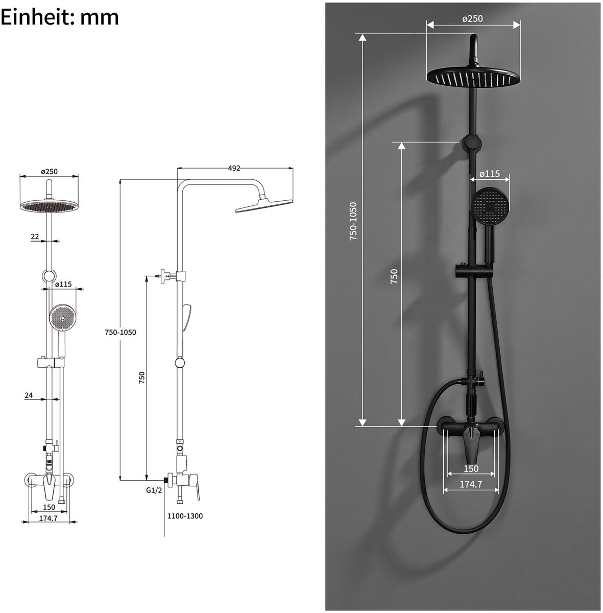 SnelShoppen - Douchesysteem met Armatuur Zwart - Regendouche 25 cm Rond met LED Temperatuurweergave - Complete Doucheset met 3 Straalsoorten en Douche