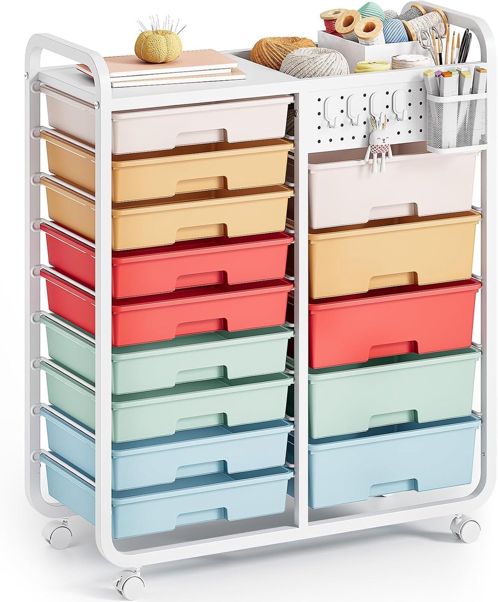 SnelShoppen - 14 Lade Trolley Met Wielen, Opbergtrolley Voor Werkplaats, Kantoor, Keuken, Multikleur, Inclusief Perforatietafel, Handvatten
