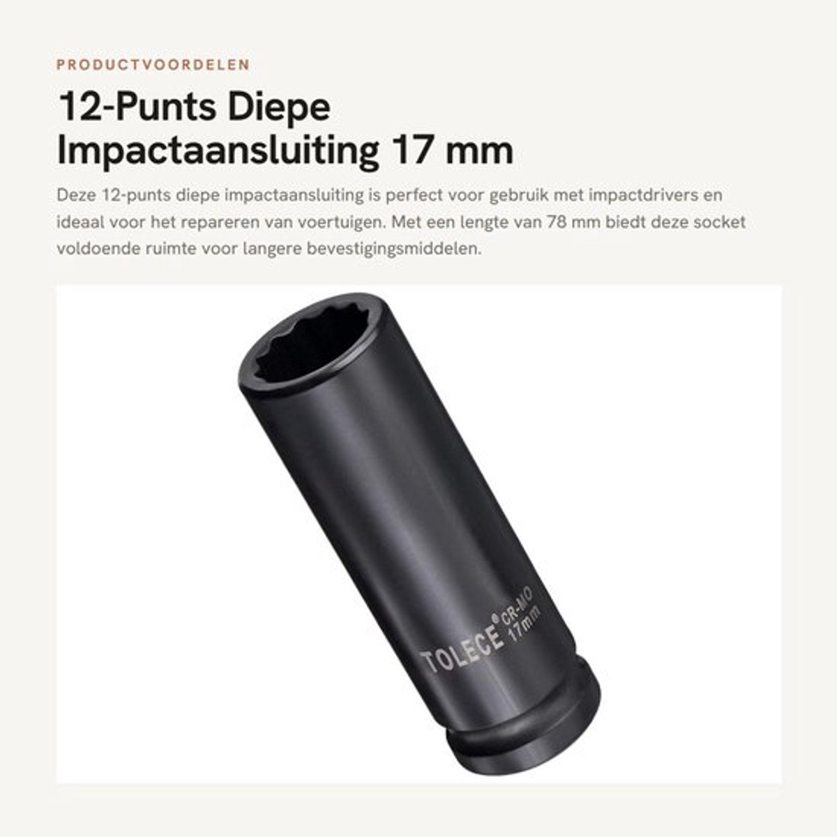 Impactaansluiting 1/2-inch - 17 mm 12-punts - Diepe Spuit - CR-MO Staal - 78 mm Lengte - Inclusief Draagtas - Steeksleutel