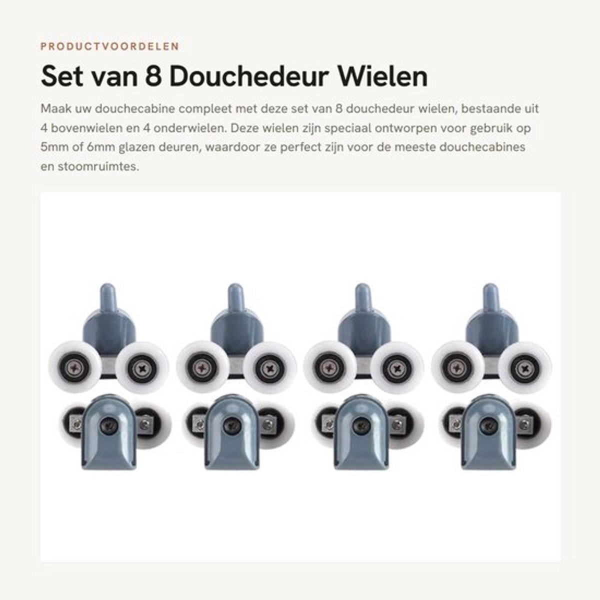 Douchedeurwielen Set van 8 - 4 Bovenwielen - 4 Onderwielen - Geschikt voor 5mm/6mm Glas - Roestvrij Staal - Geluidsarm - Douchedeurrollen