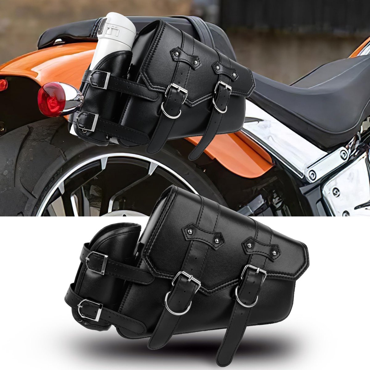 SnelShoppen - Universele Zadeltas voor Motorfiets - Waterdichte PU-leer Tas met Fleshouder - Geschikt voor Harley, Honda, Kawasaki, Suzuki, Yamaha