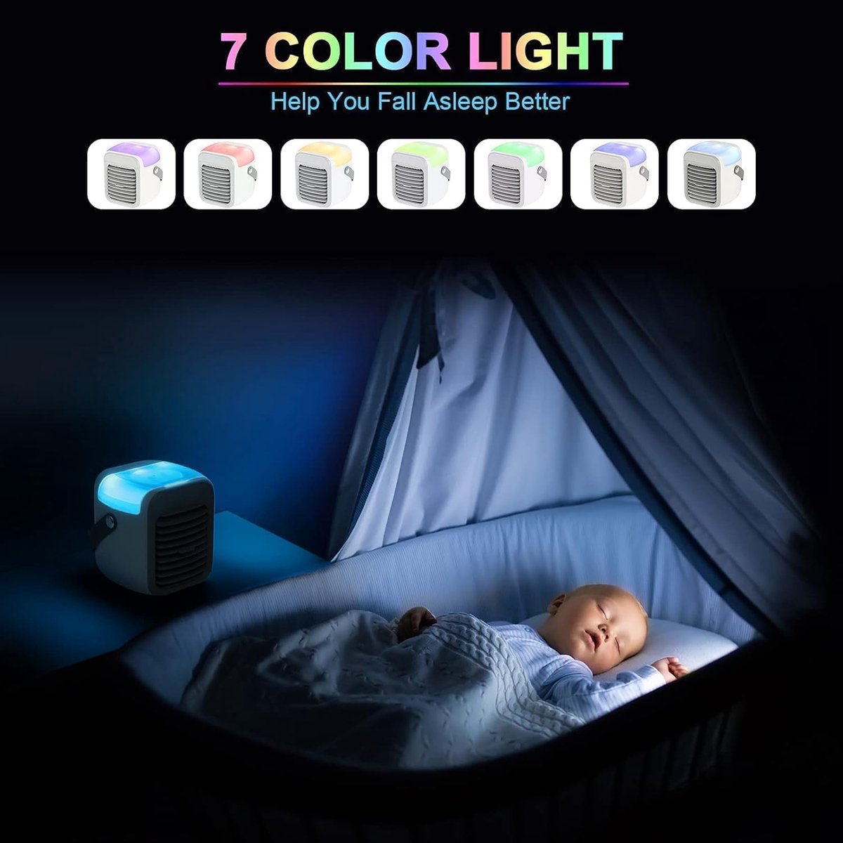 SnelShoppen - Mobiele Airconditioner 4-in-1 - Mini Luchtkoeler met Watertank - Stille USB Luchtkoeler met Draagbare Handgreep - 7 LED Lampen - 3 Snelh
