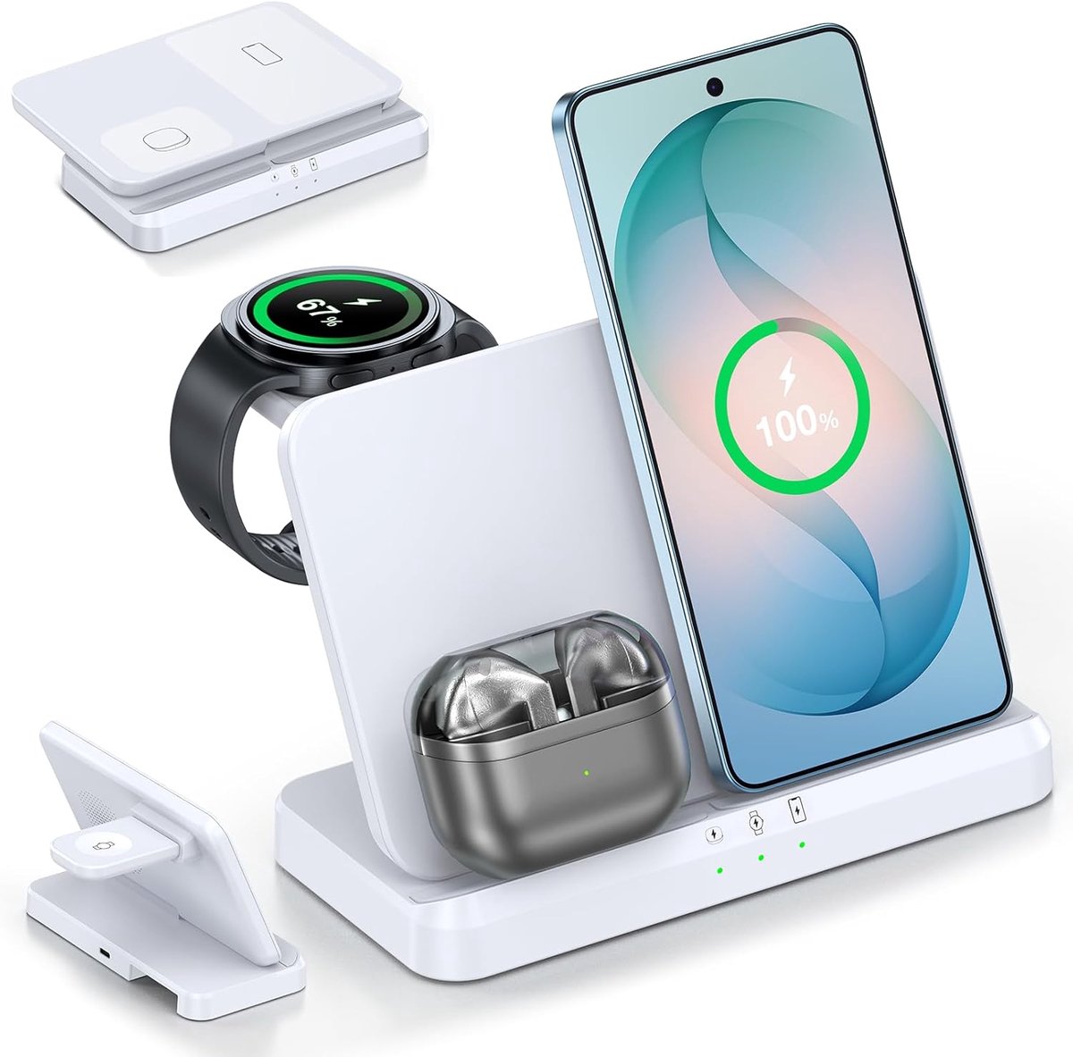 SnelShoppen - 3-in-1 Draadloos Oplaadstation voor Smartphones, Compatibel met Galaxy S26/S25/S24/Z Flip/Z Fold, Inclusief Afneembare Oplader voor Gala
