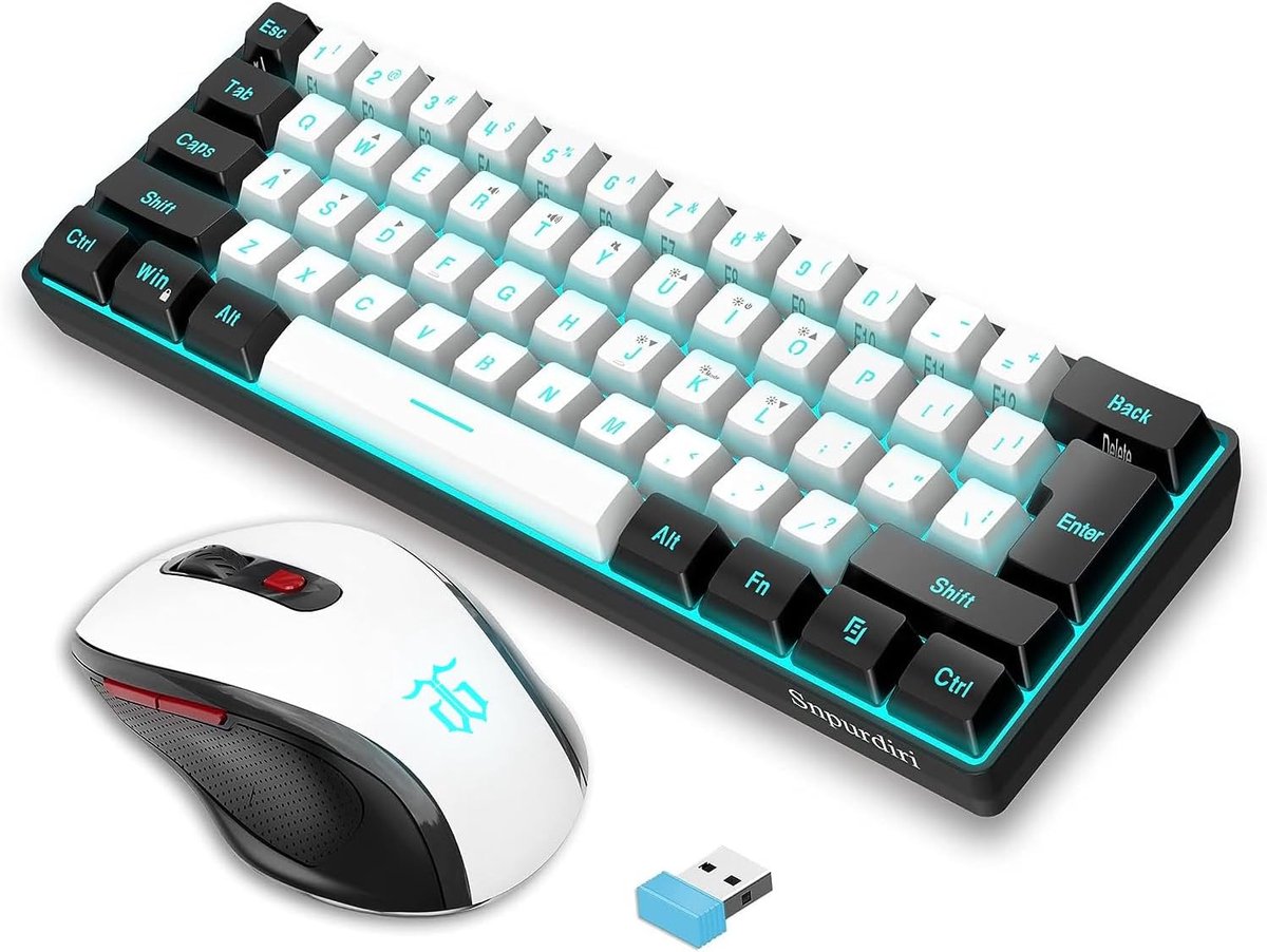 SnelShoppen - Draadloos Gaming Toetsenbord Muis Set 60% Mini Mechanisch Ergonomisch Ontwerp - Zwart/Wit - Perfect voor Gaming, Thuiswerken en Studeren