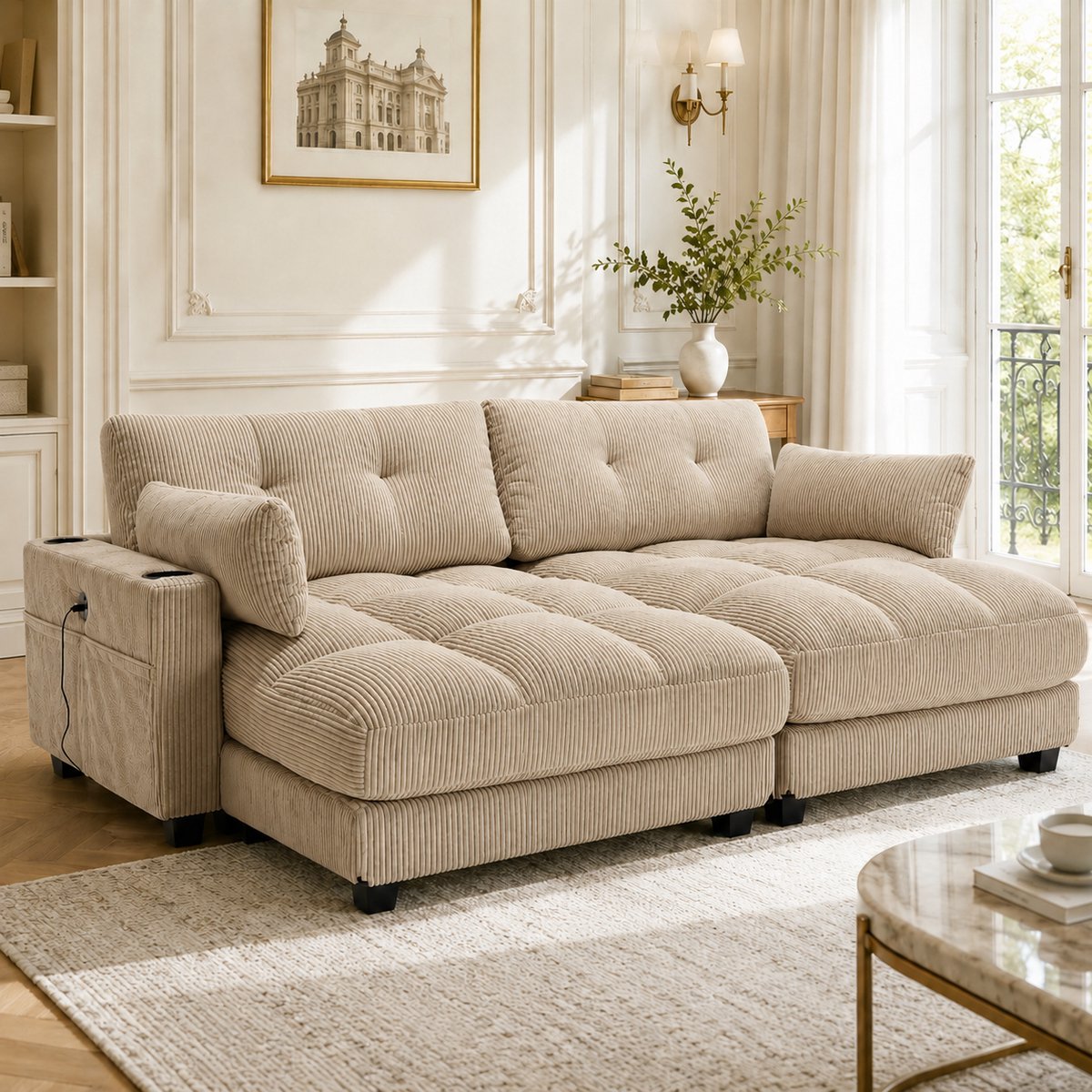 Cordbank 2-Zitter Khaki - Modulair Sofa Met USB Oplaadpunt - 103 cm - Corduroy