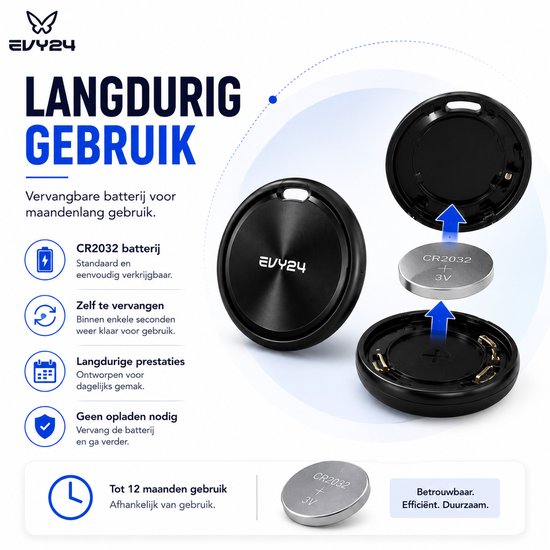 Zwarte Evy24 tracker met demonteerbare achterkant, en een CR2032 batterij.