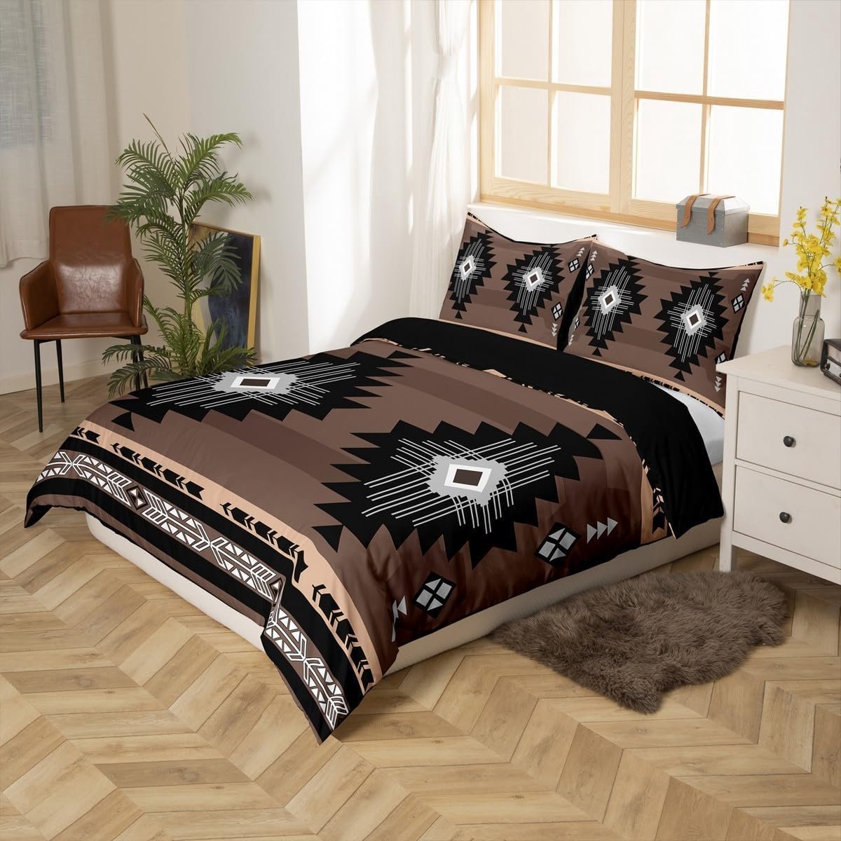SnelShoppen - Boho dekbedovertrek eenpersoons, Azteekse beddengoedset, Indiase tribal, retro, exotische stijl, donkergrijs, ideaal voor slaapkamer en