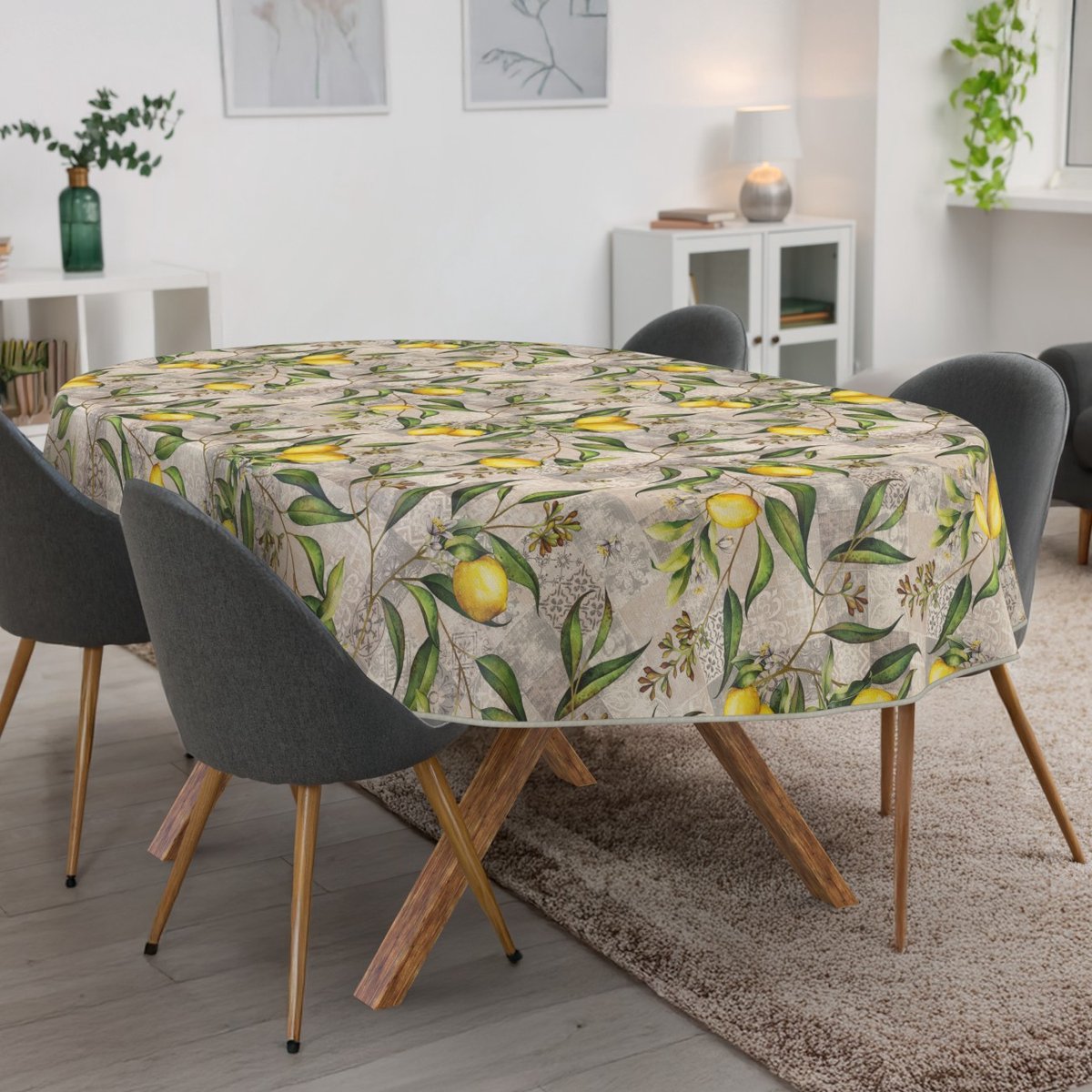 ANRO Tafelkleed Citroenen Grijs Ovaal 280x140cm Met sierband Afwasbaar Waterafstotend