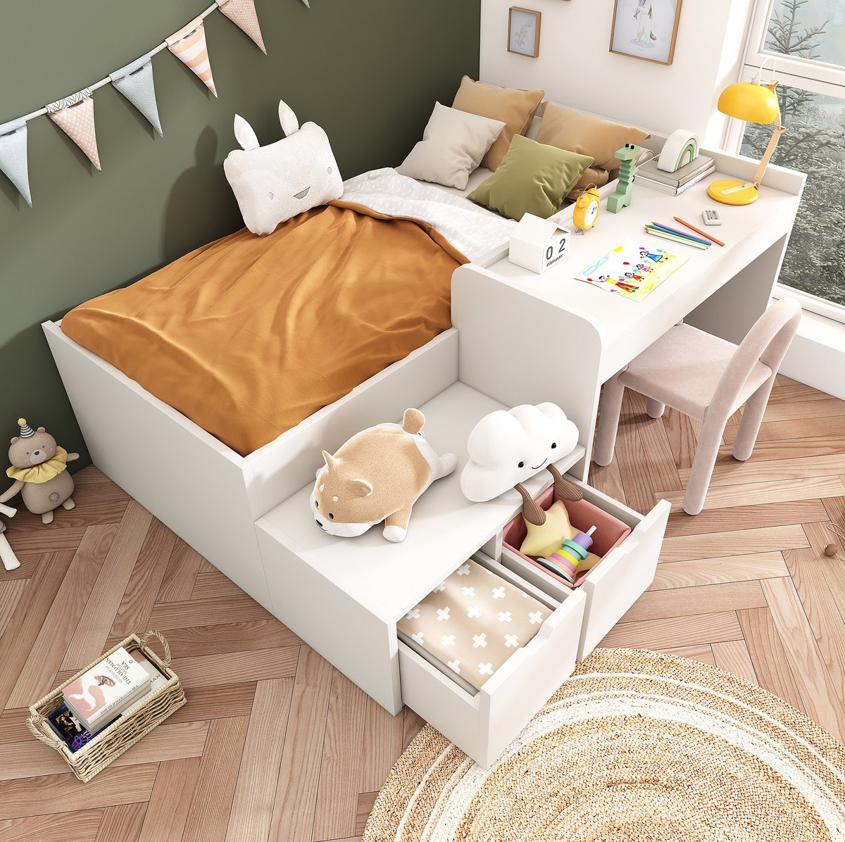 COVREO Kinderbed 90x200 cm – wit, met bureau, 2 lades en opbergruimte