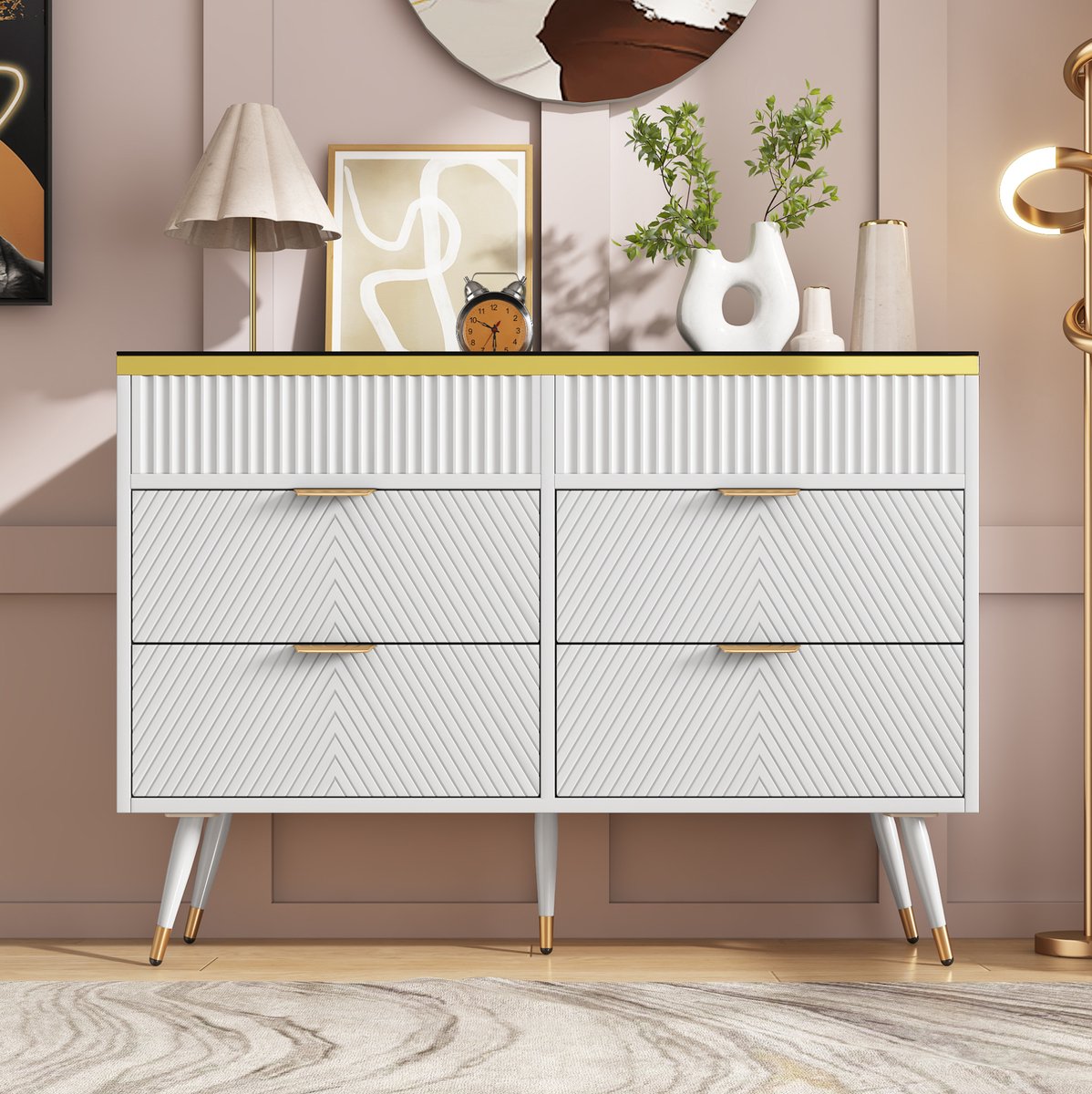 COVREO Dressoir 120 x 40 x 76 cm - wit, 6 lades, glas en metalen details