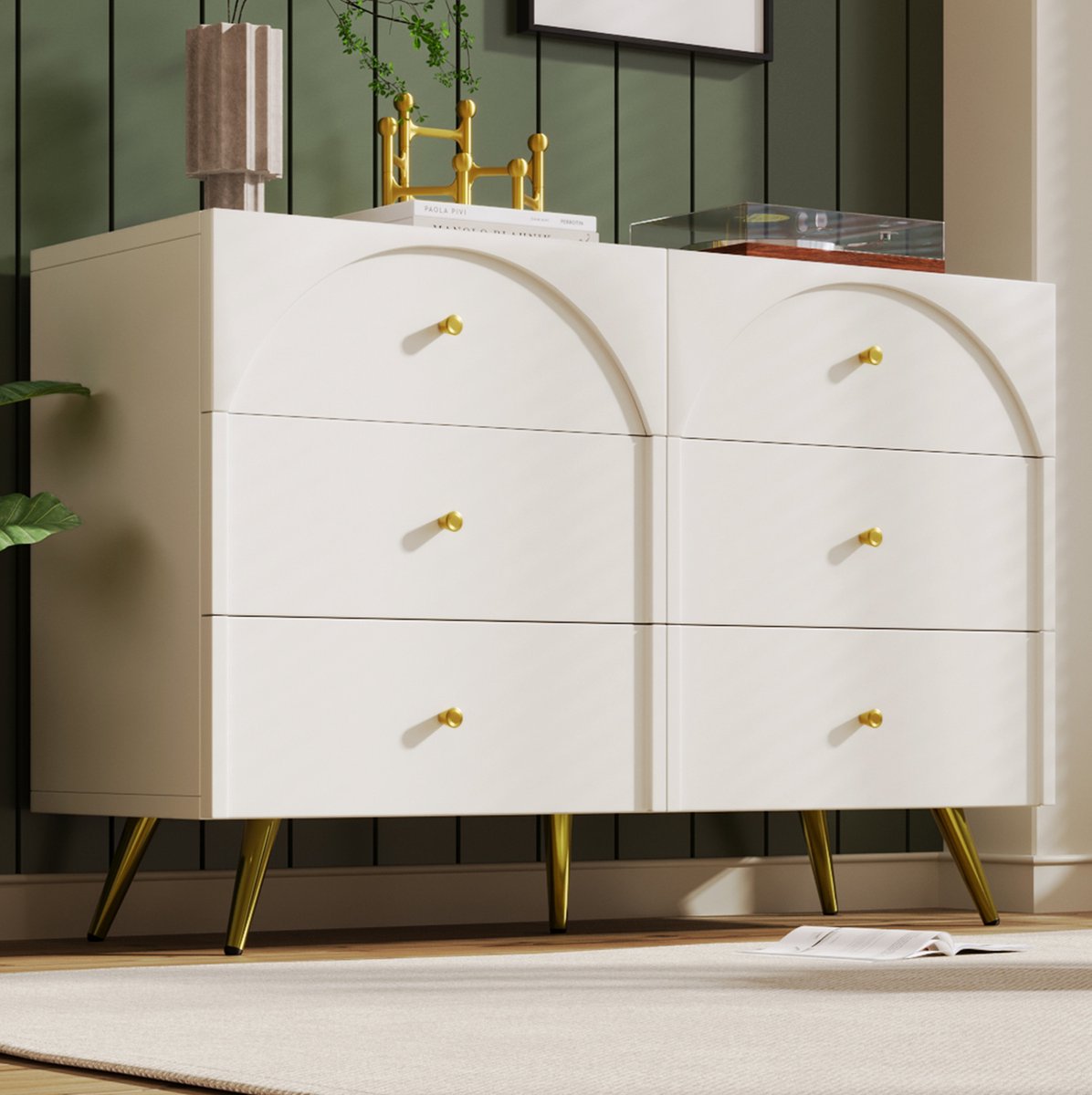 COVREO Ladekast 120x40x85 cm – crème wit, metaal en spaanplaat, 6 lades