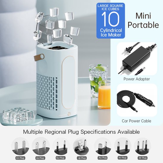 Draagbare mini-ijsmachine voor op tafel - Mini-ijsmaker - Snel ijs maken - Compact en klein - Met leren handvat - IJsblokjesmachine - Geschikt voor thuis, kantoor, kamperen, camper, feestjes en drankjes - Blauw — afbeelding 3