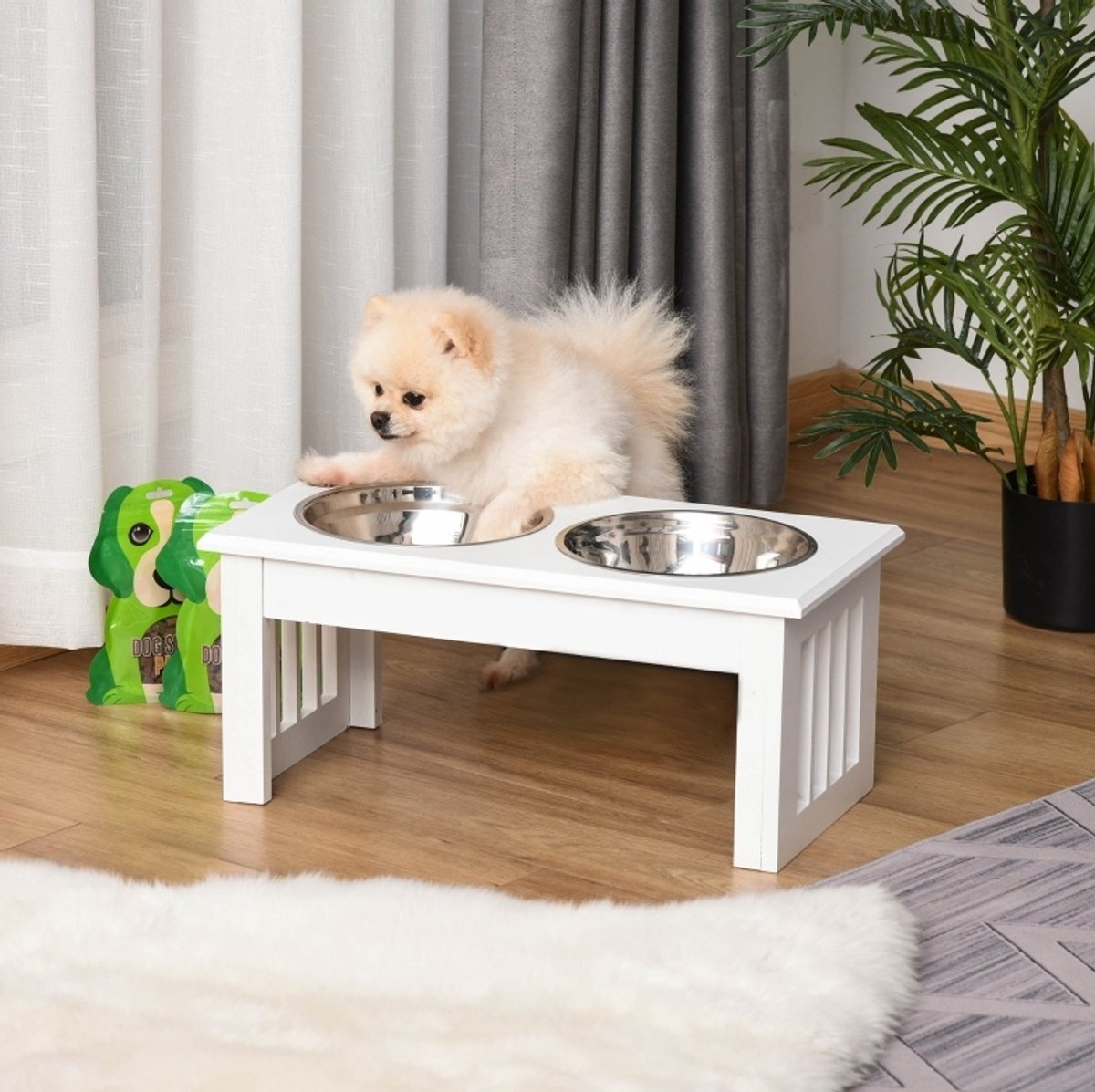 REDOM - Honden voerstation - Dubbele voerbak met verhoogde standaard en antislip - Voor water en voer - RVS kommen - Wit - 44 x 24 x 15 cm