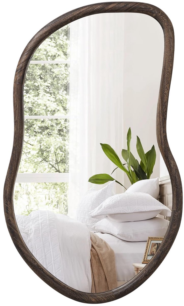 SnelShoppen - Rustieke Asymmetrische Wandspiegel met Houten Frame - Bruine Decoratieve Hangspiegel voor Woonkamer, Slaapkamer, Hal - Uniek Interieurac