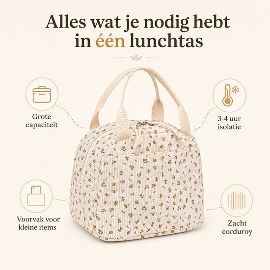 VHV - Lunchtas Dames van Ribfluweel - Geïsoleerde Koeltas met Brede Opening - Voor Kantoor en Onderweg - Wit van Vhv — afbeelding 2