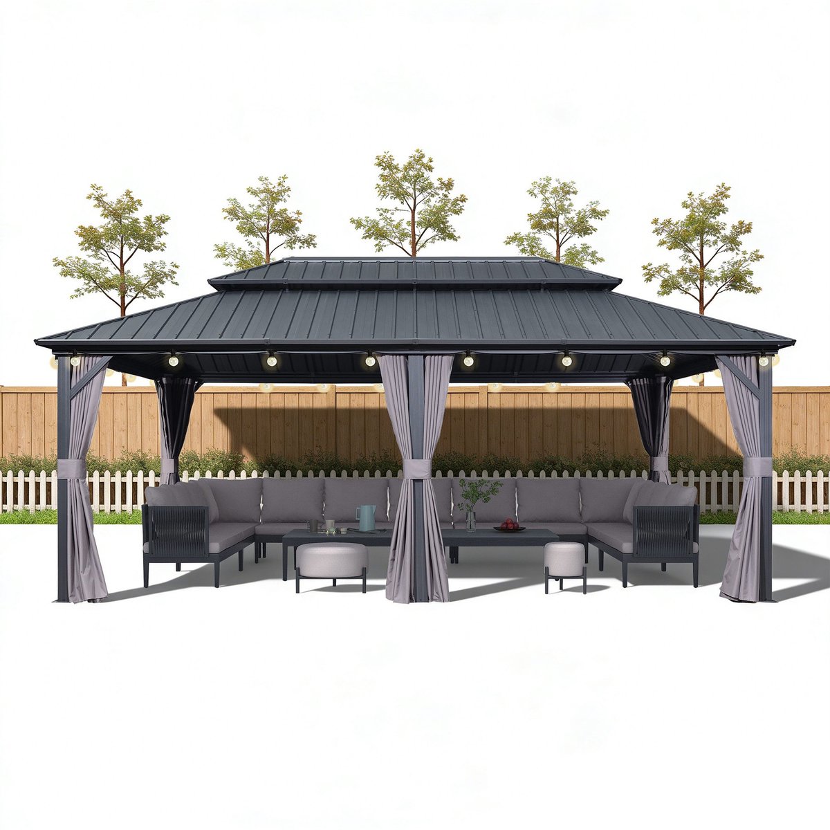 PURPLE LEAF Essential Hardtop Tuinpaviljoen met LED-verlichtin – Gegalvaniseerd Stalen Dak – Aluminium Frame – Gordijnen en Klamboe – Grau