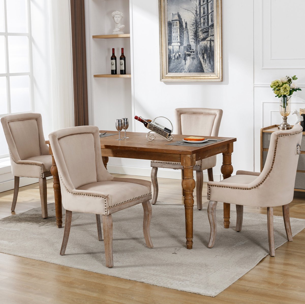 MEUNIQ eetkamerstoel set van 4 beige velvet met beklede zitting, massief houten vierpoot en hoge rugleuning voor eetkamer en keuken