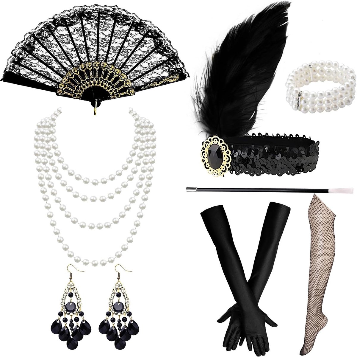 11-delige Gatsby Accessoires voor Vrouwen - Flapper Hoofdband, Handschoenen, Parelsieraden en Kostuum voor Feestdagen en Halloween