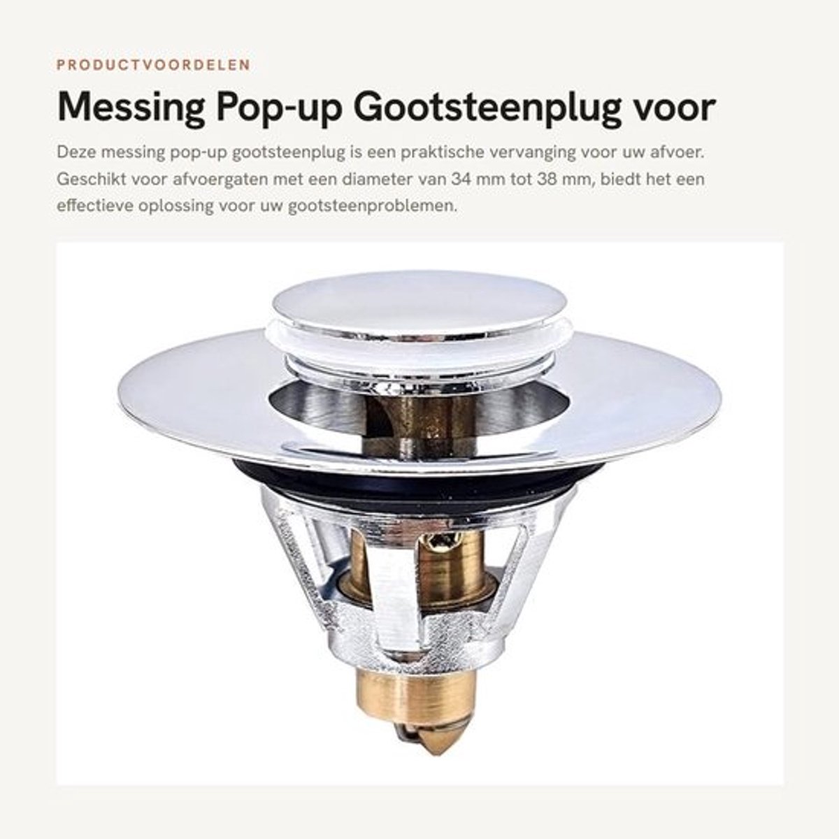Gootsteenplug Messing - Afvoerstop 34-38mm - Pop-up Stopper - Wastafelafvoer Plug - Verchroomd - Duurzaam Materiaal - Afvoerplug