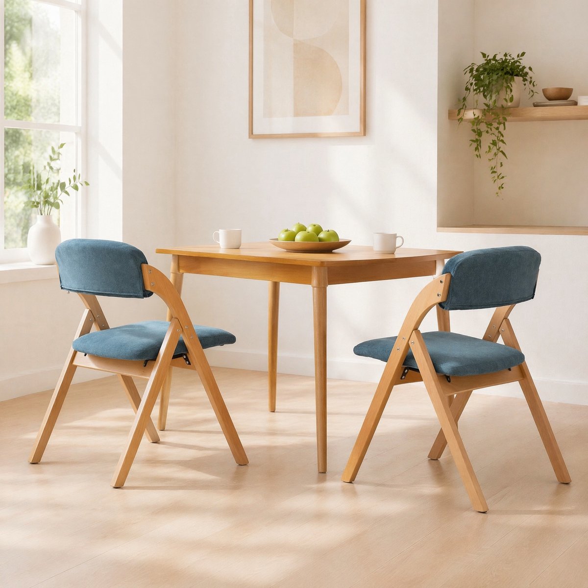 MEUNIQ vouwbare eetkamerstoelen set van 2 met gewatteerde zitting en rugleuning, afneembare hoes, houten frame, stapelbaar, voor eetkamer keuken of extra zitplaatsen, blauw