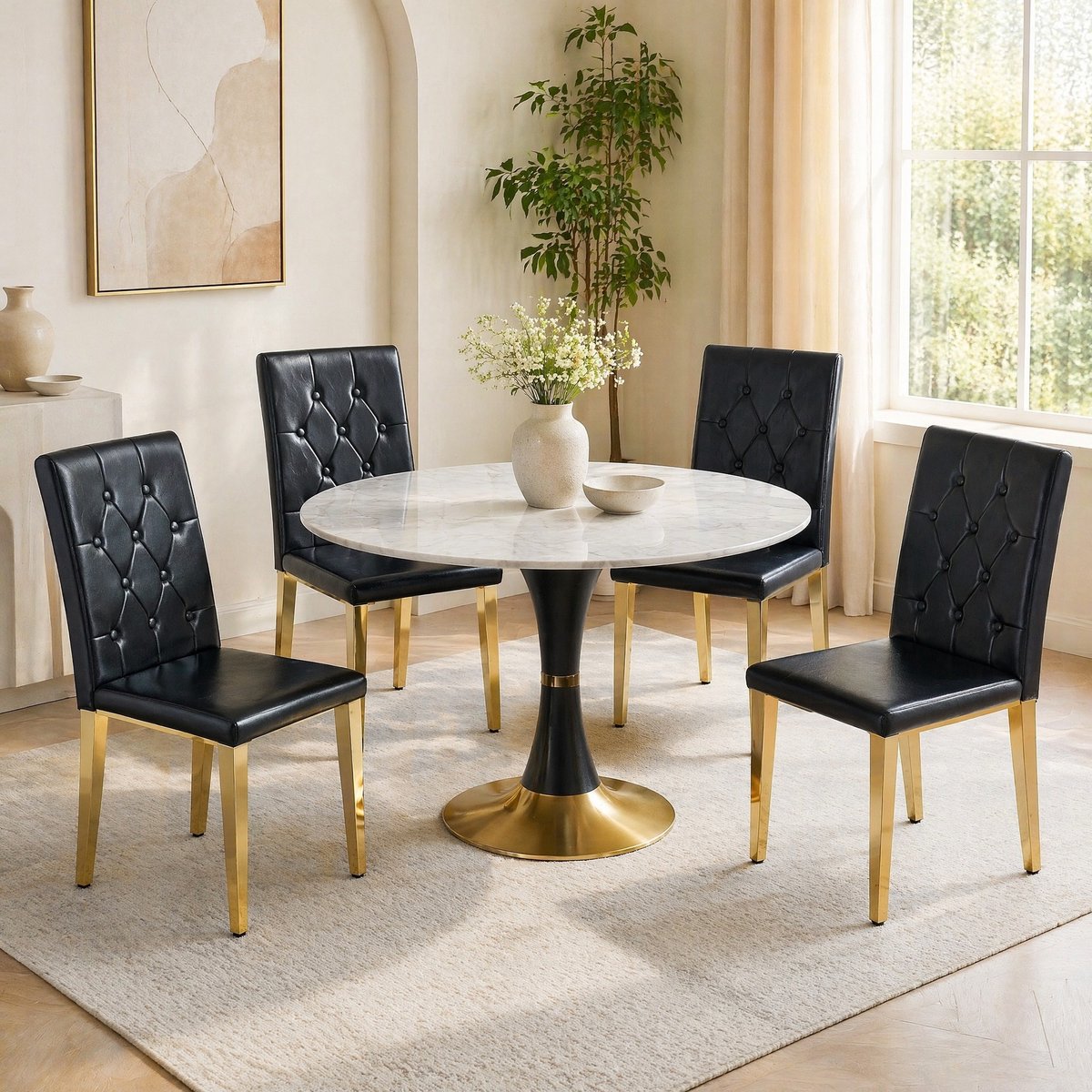 MEUNIQ set van 4 eetkamerstoelen met hoge rugleuning, kunstleren zitting en metalen poten, gecapitonneerde rugleuning, 89 cm hoog, 45 cm zithoogte, zwart en goud