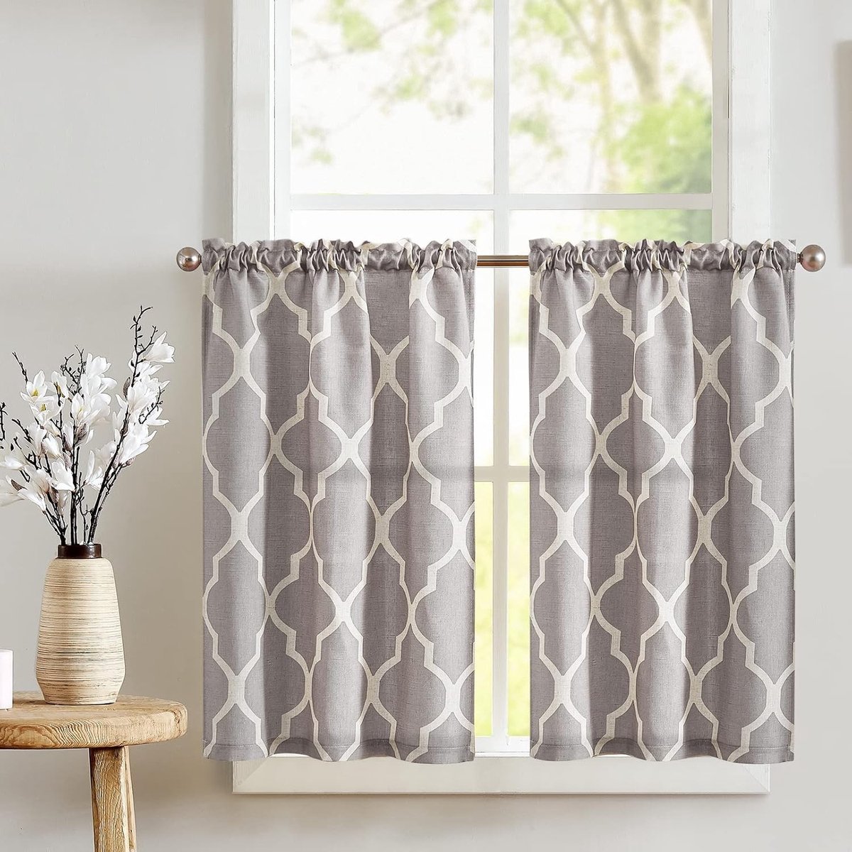 Linnenlook Opaque Keuken Gordijnen voor Privacy in de Woonkamer - Set van 2 Lichtgrijs 65x60 cm, Ideaal voor Bistro en Landhuis Decor