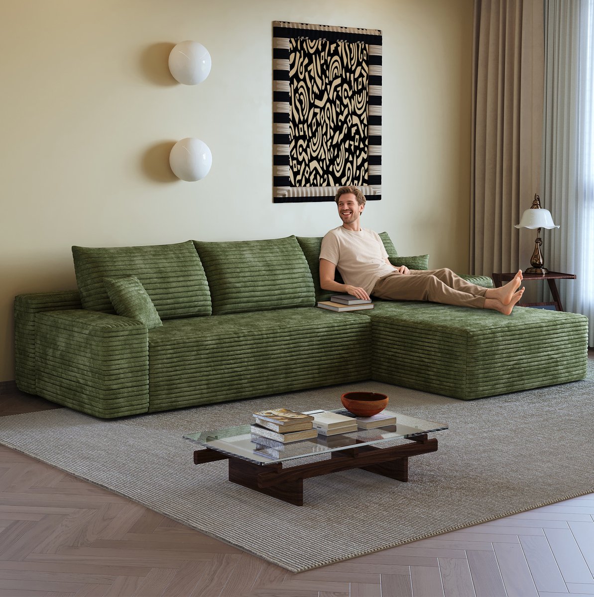 OKWISH Hoekbank 270 Cm - Modulaire 3-Zits Met L-Vormige Chaise Longue En Diepe Zit - Voor Woonkamer Of Slaapkamer - Corduroy - Groen