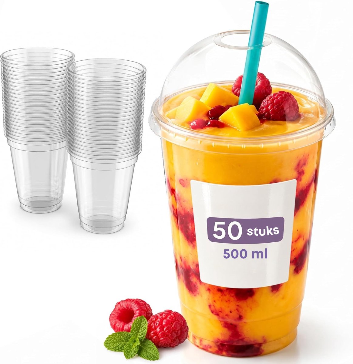 50x Smoothie Bekers 500 ml met Dome Deksel – Transparante Drinkbekers – To Go Bekers voor Smoothies, Bubble Tea, Iced Coffee & Desserts – Recyclebaar Materiaal