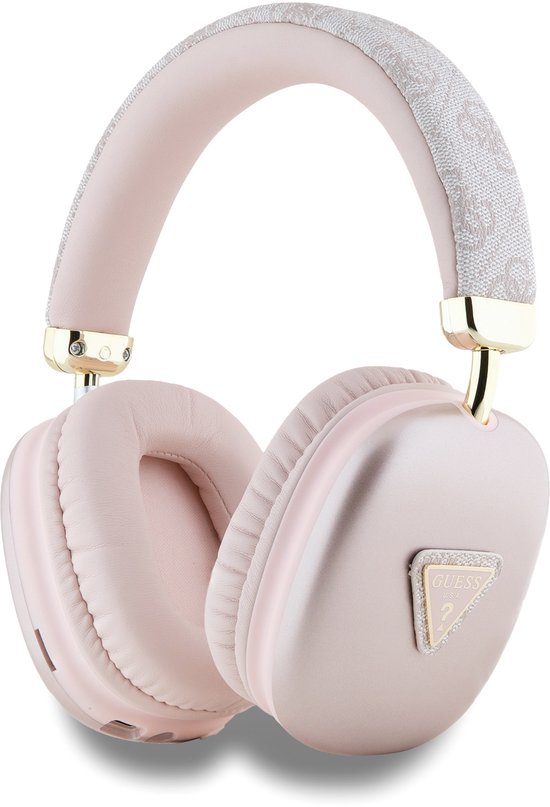 Casque rose Guess avec accents dorés et logo 4G sur les écouteurs.