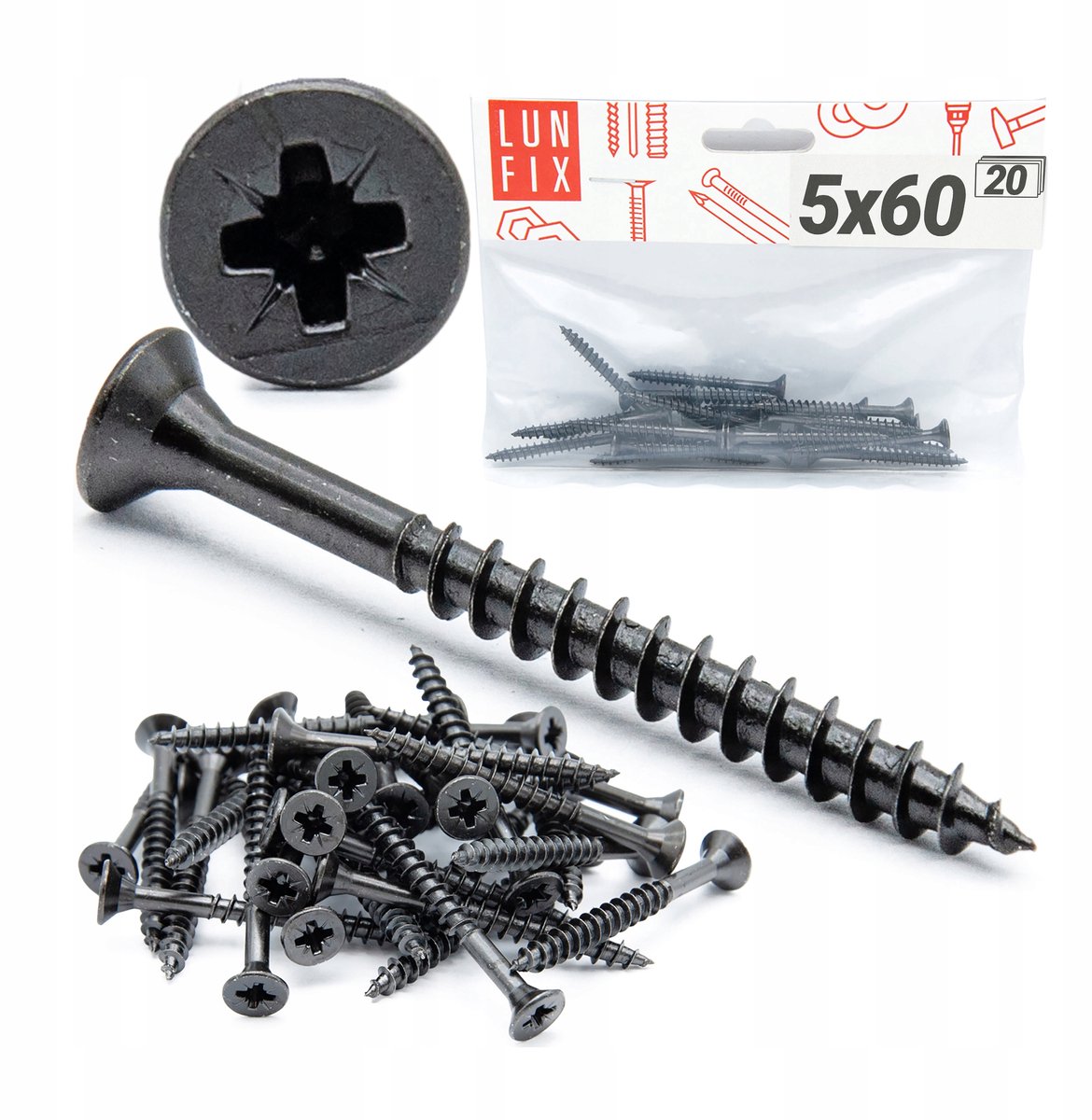 LUN FIX - Houtschroeven - Ø 5x60 mm - 20 Stk. - Verzinkt zwart gehard - Zelfsnijdend