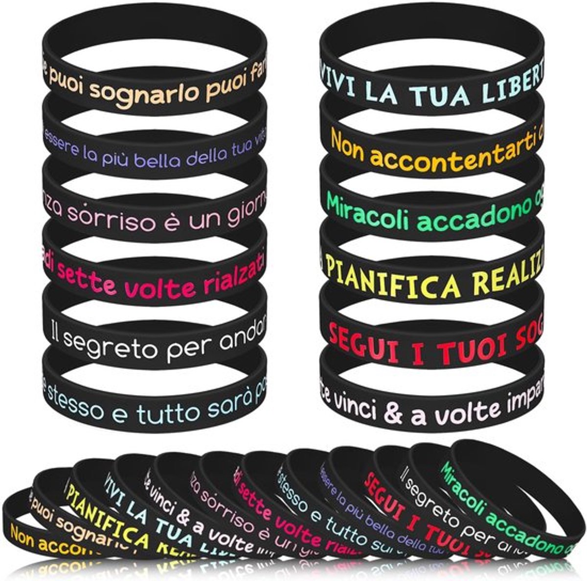 Armbanden 24 Stuks - Siliconen Armbanden - Motiverende Spreuken - Geschikt voor Kinderen - Cadeau voor Feestdagen - Omtrek 20 cm - Siliconen Armband