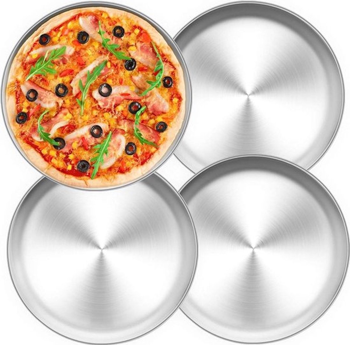 Vierdelige pizzabakset, ronde pizzapan van roestvrij staal, geschikt voor de oven, diameter 26 cm, gezond en duurzaam, gemakkelijk schoon te maken, vaatwasmachinebestendig.