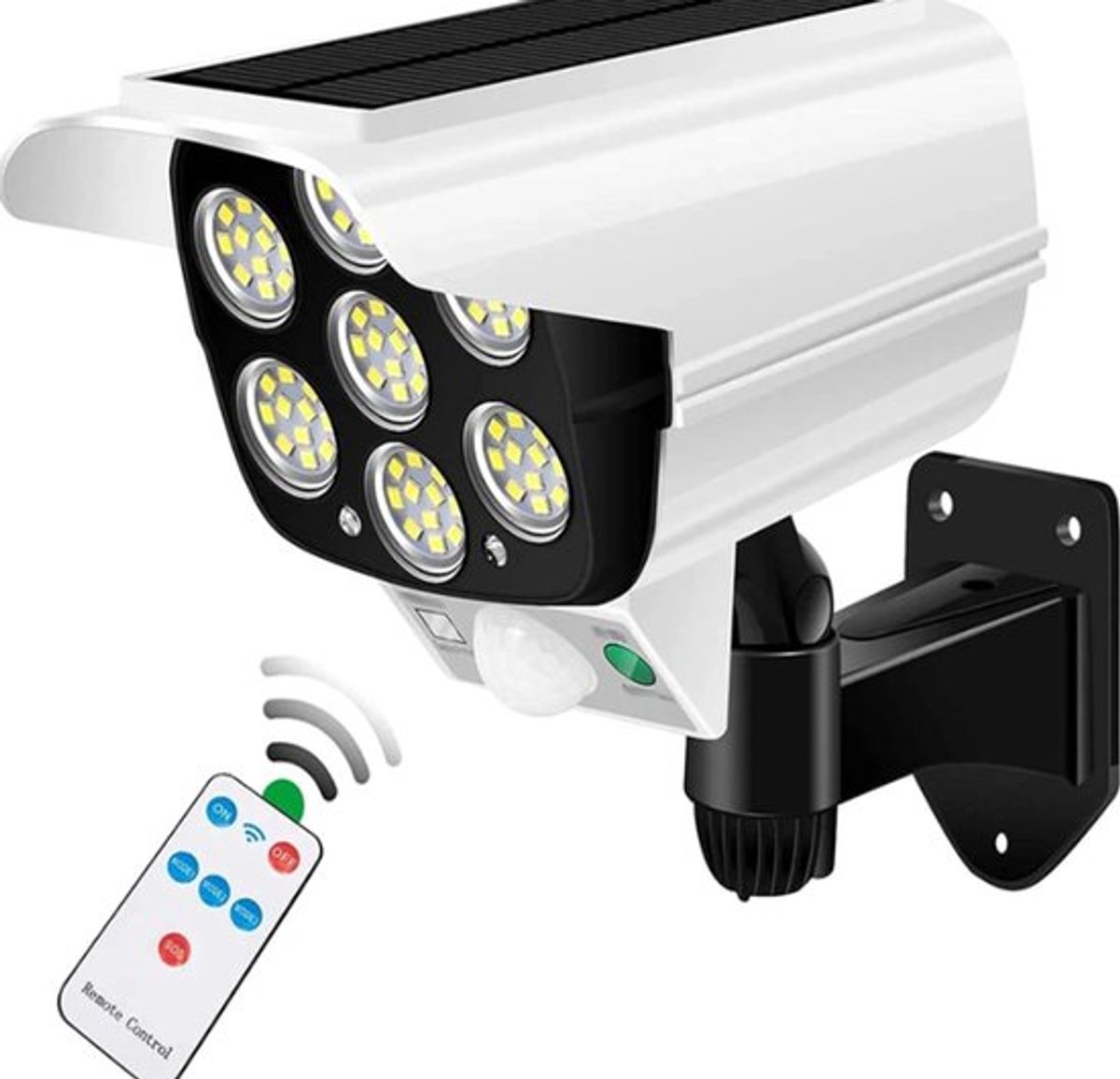 Buitenlamp op zonne-energie met bewegingssensor, 2000 lumen, 77 LED-spot met afstandsbediening, IP66 waterdicht, draadloze nep-beveiligingscamera (geen camerafunctie), geschikt voor veranda, tuin, terras en oprit.