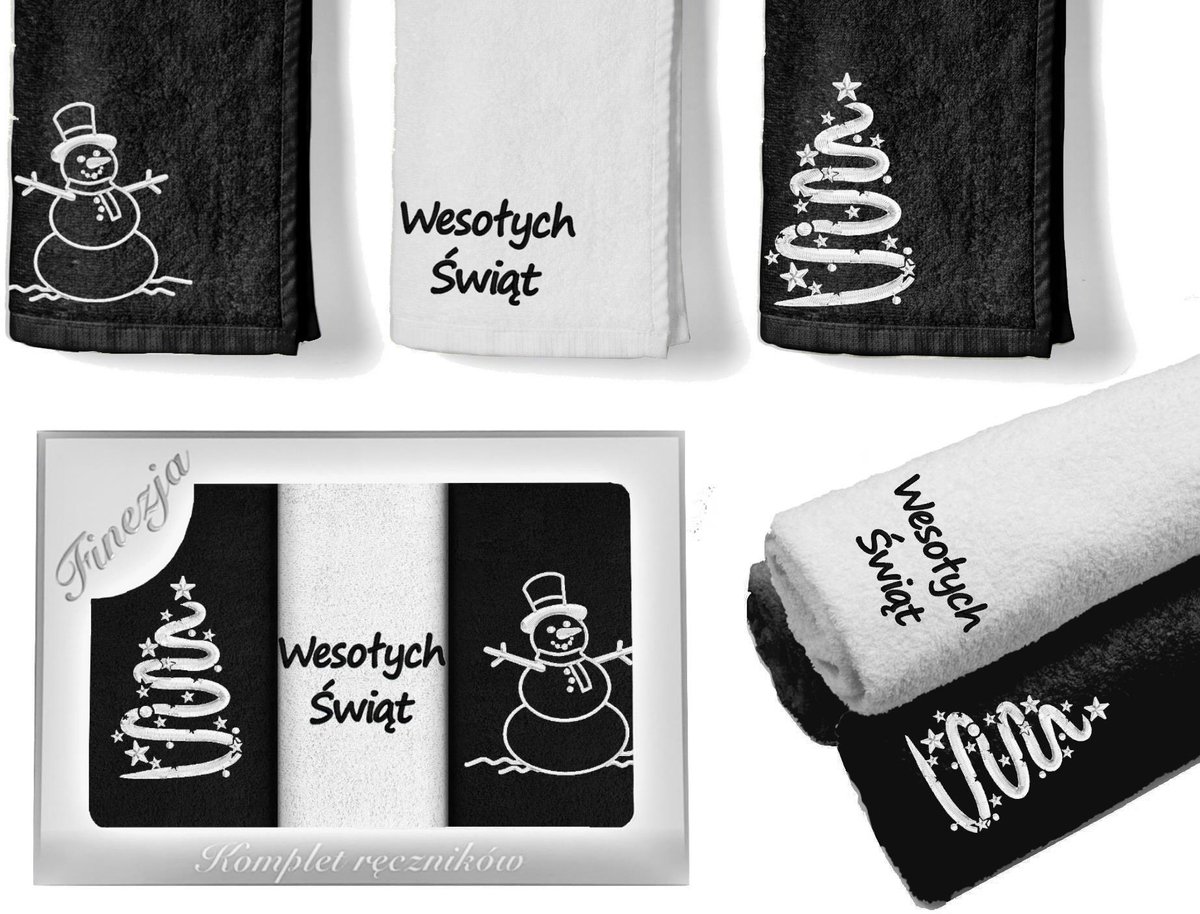 KONEY - Set keukenhanddoeken 3 stuks 30 x 50 cm - kerstborduursel - Zwart;Wit - 500 g/m²