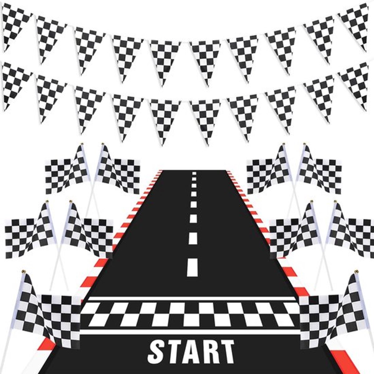 SnelShoppen - Tatuo Racing Car Feestdecoratie 2x0.6m Racetrack Vloermat, 6.6 Foot Vlaggenbanner & 10 Stuks Checkered Racing Vlaggen voor Verjaardagsfe