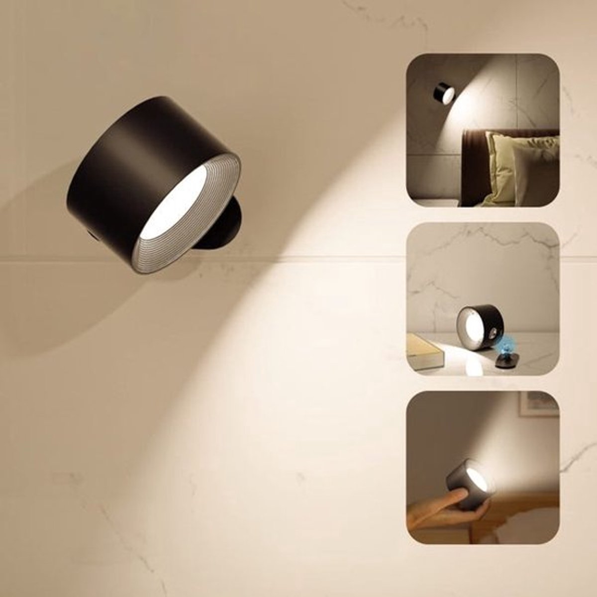 360° draaibare LED-wandlamp, magnetisch nachtlampje, 3 instelbare kleurtemperaturen, dimbare leeslamp via USB, zwart.