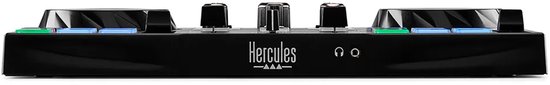 Zwarte Hercules DJ-controller met draaitafels en blauw- en groenverlichte knoppen.