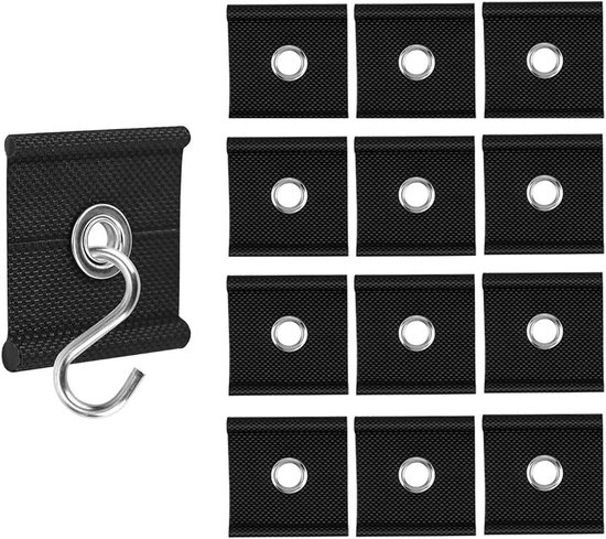 Un crochet d'auvent noir avec crochet S et une grille de onze crochets identiques.